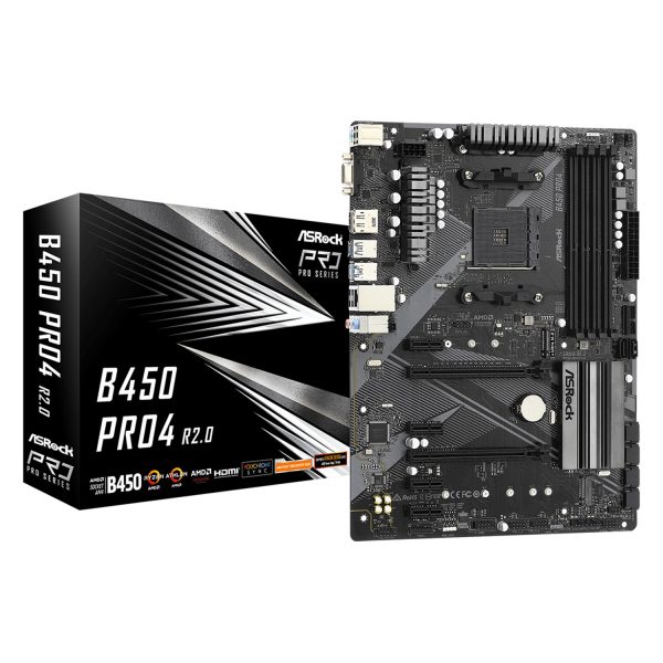 ASRock B450 Pro4 R2.0, AMD, Sockel AM4, AMD Athlon, AMD Ryzen 3000 Series, AMD Ryzen 5000 Series, DDR4-SDRAM, 128 GB, DIMM