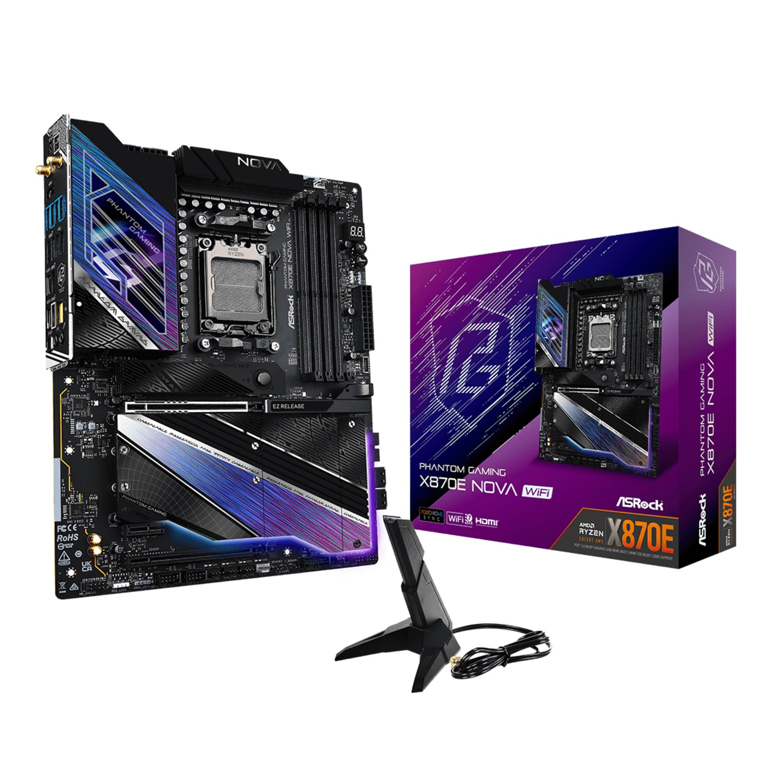 ASRock MK X870E NOVA WIFI, AMD, Sockel AM5, AMD Ryzen 7000 Series, AMD Ryzen 8000 Series, AMD Ryzen 9000 Series, DDR5-SDRAM, 256 GB, DIMM