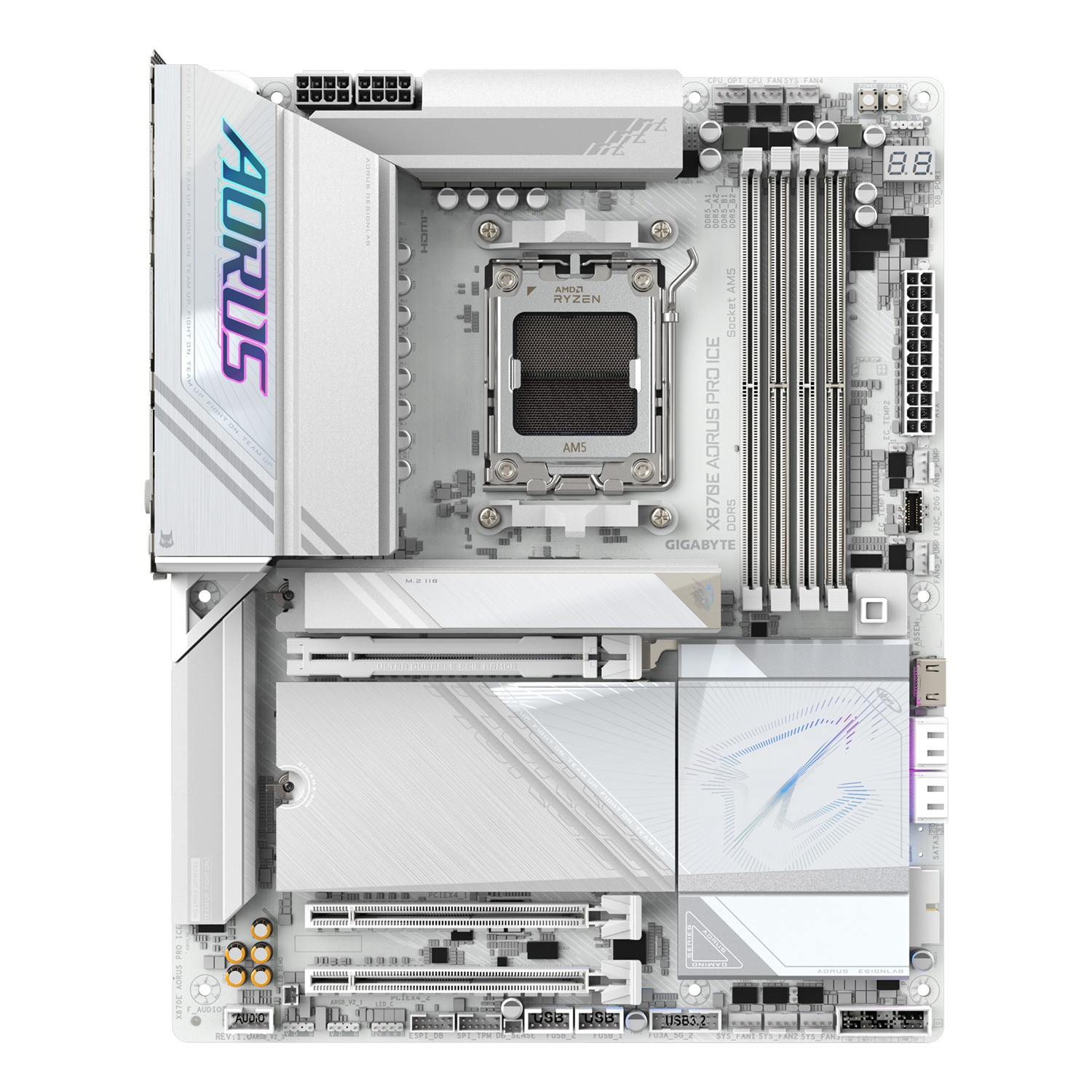 Zweites Bild vonGigabyte X870E AORUS PRO ICE Motherboard - Unterstützt AMD Ryzen 9000 CPUs, 16+2+2 Phasen Digital VRM, bis zu 8000MHz DDR5 (OC), 3xPCIe 5.0 + 1xPCIe 4.0, Wi-Fi 7, 2.5GbE LAN, USB 4, AMD, Sockel AM5, AMD Ryzen 7000 Series, AMD Ryzen 8000 Series, AMD Ryzen
