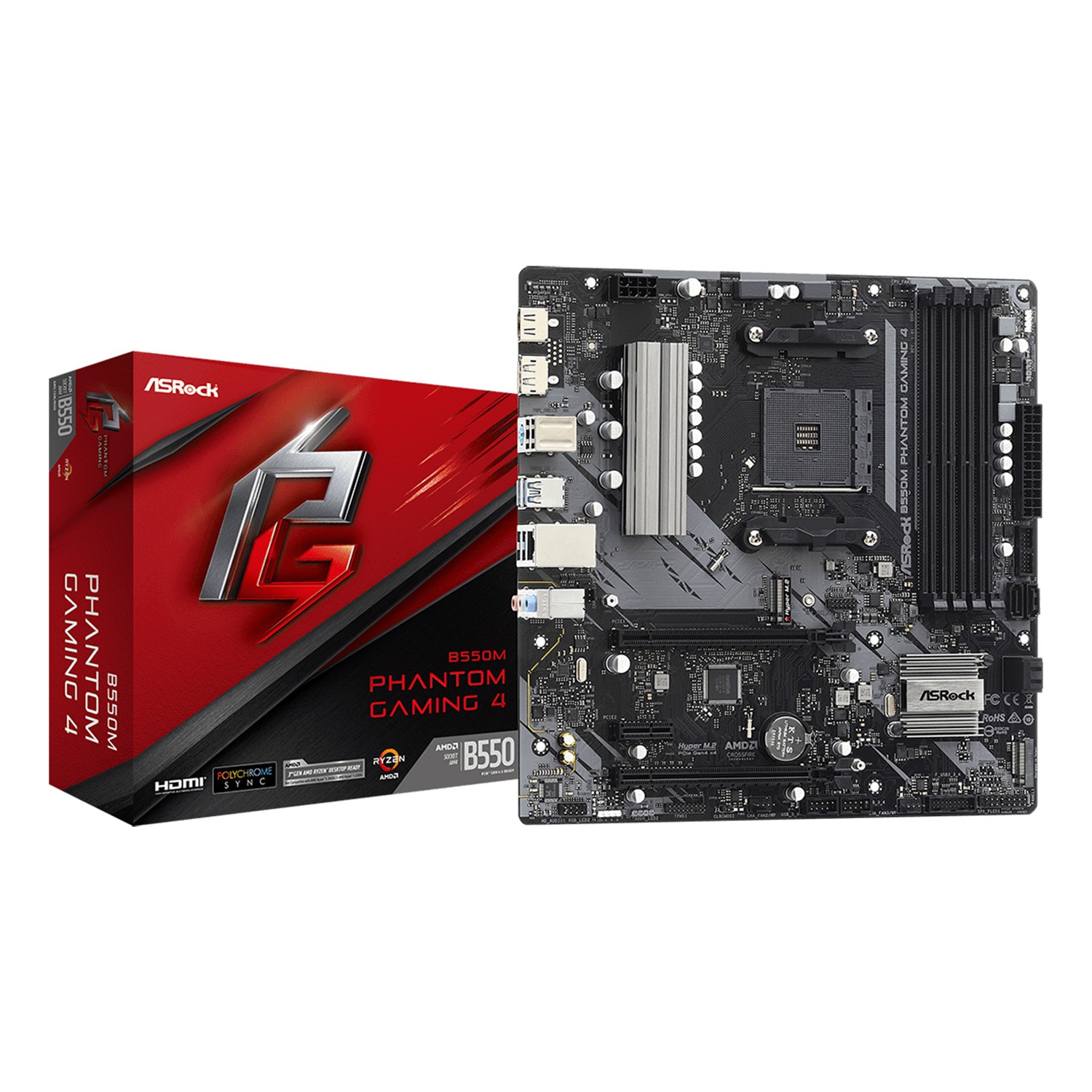 ASRock B550M Phantom Gaming 4, AMD, Sockel AM4, AMD Ryzen 3000 Series, DDR4-SDRAM, 128 GB, DIMM