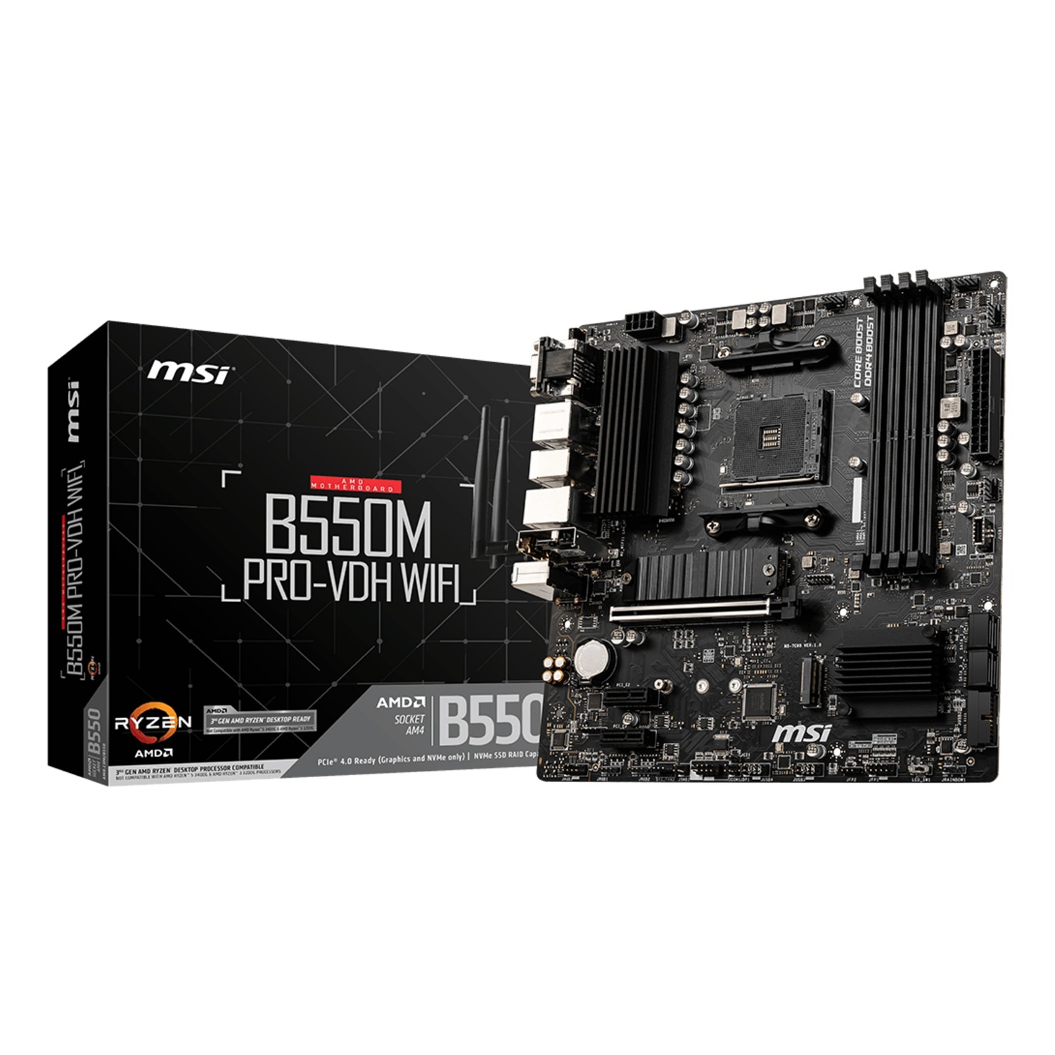 MSI B550M PRO-VDH WIFI, AMD, Sockel AM4, AMD Ryzen 3000 Series, Sockel AM4, DDR4-SDRAM, 128 GB
