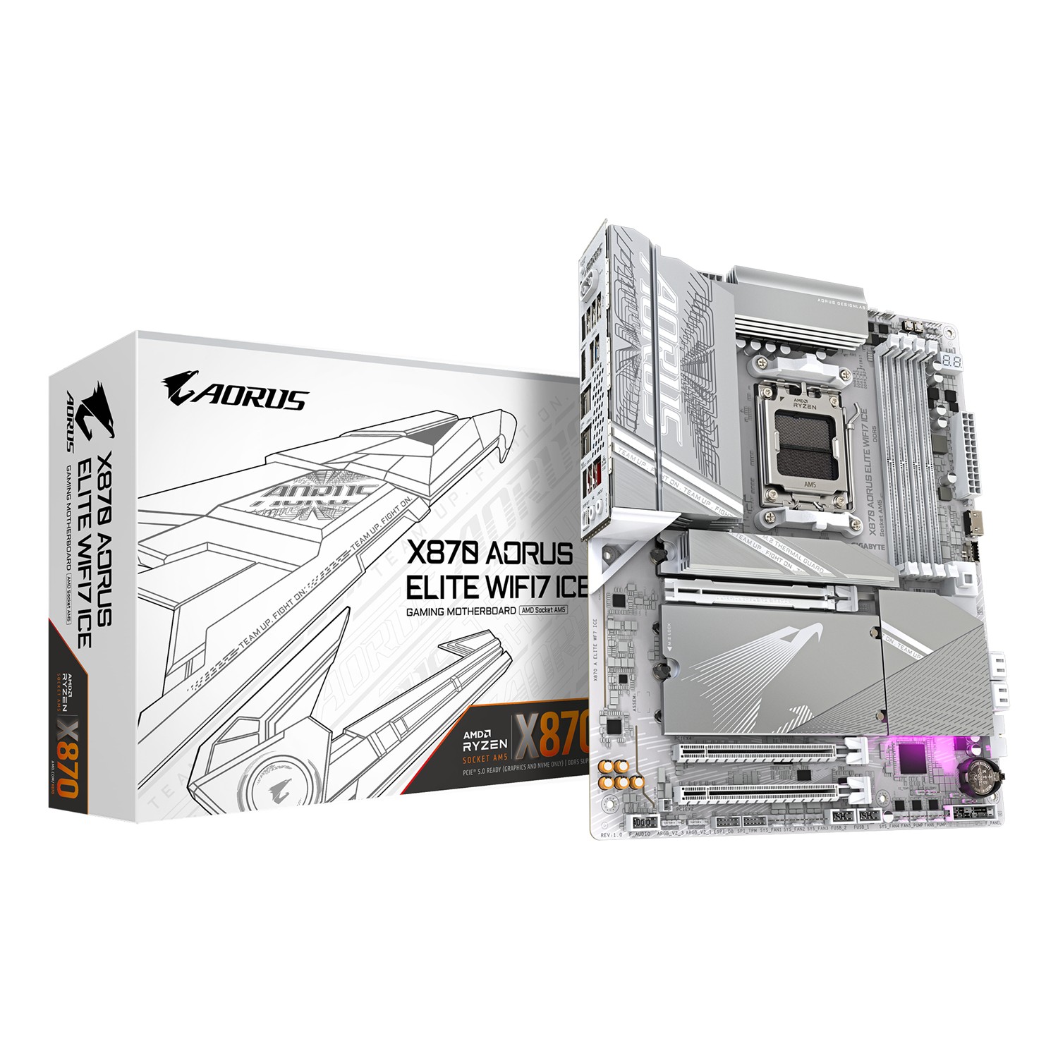 Gigabyte X870 AORUS ELITE WIFI7 ICE Mainboard - Unterstützt AMD Ryzen 9000 CPUs, 16+2+2 Phasen Digitales VRM, bis zu 8200MHz DDR5 (OC), 3xPCIe 5.0 + 1xPCIe 4.0, Wi-Fi 7, 2.5GbE LAN, USB 4, AMD, Sockel AM5, AMD Ryzen 7000 Series, AMD Ryzen 8000 Series, AMD