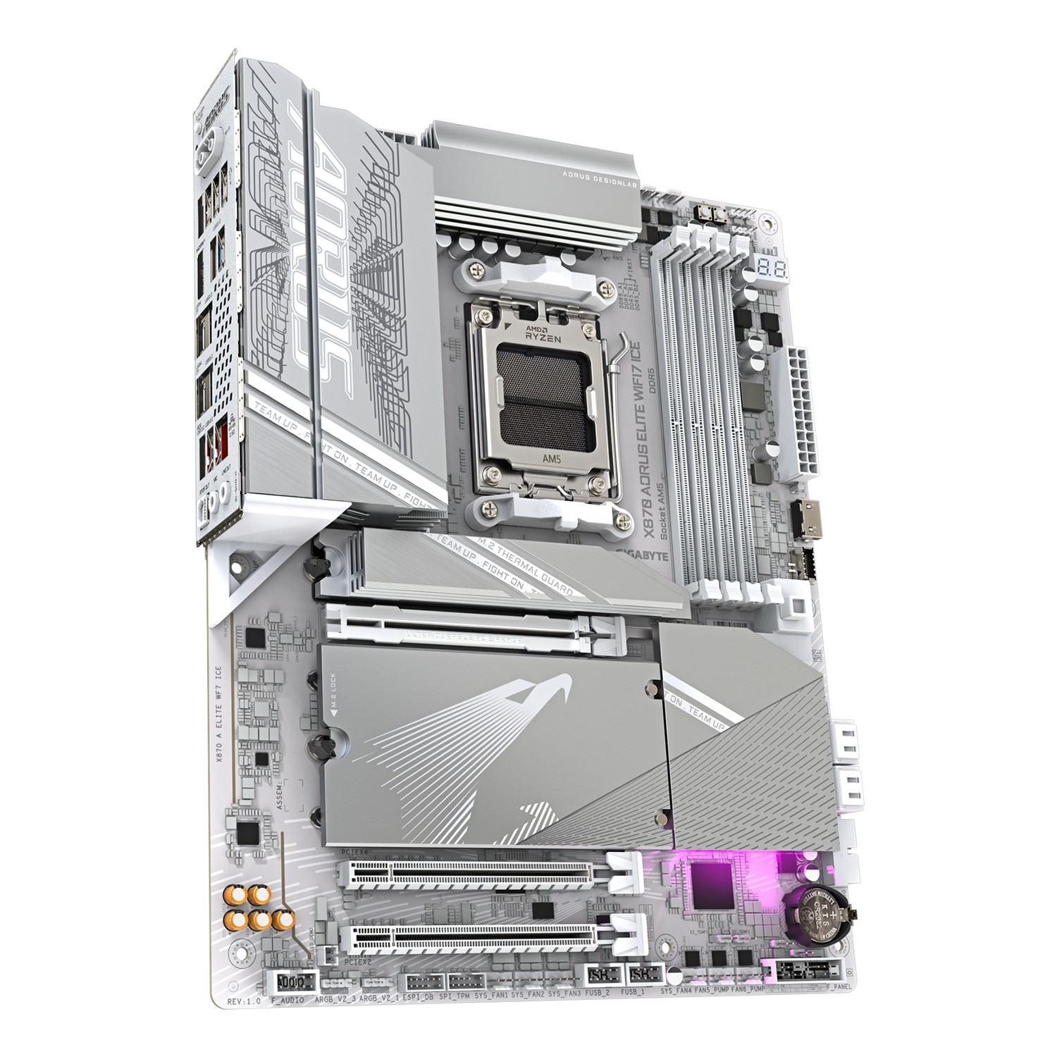 Zweites Bild vonGigabyte X870 AORUS ELITE WIFI7 ICE Mainboard - Unterstützt AMD Ryzen 9000 CPUs, 16+2+2 Phasen Digitales VRM, bis zu 8200MHz DDR5 (OC), 3xPCIe 5.0 + 1xPCIe 4.0, Wi-Fi 7, 2.5GbE LAN, USB 4, AMD, Sockel AM5, AMD Ryzen 7000 Series, AMD Ryzen 8000 Series, AMD