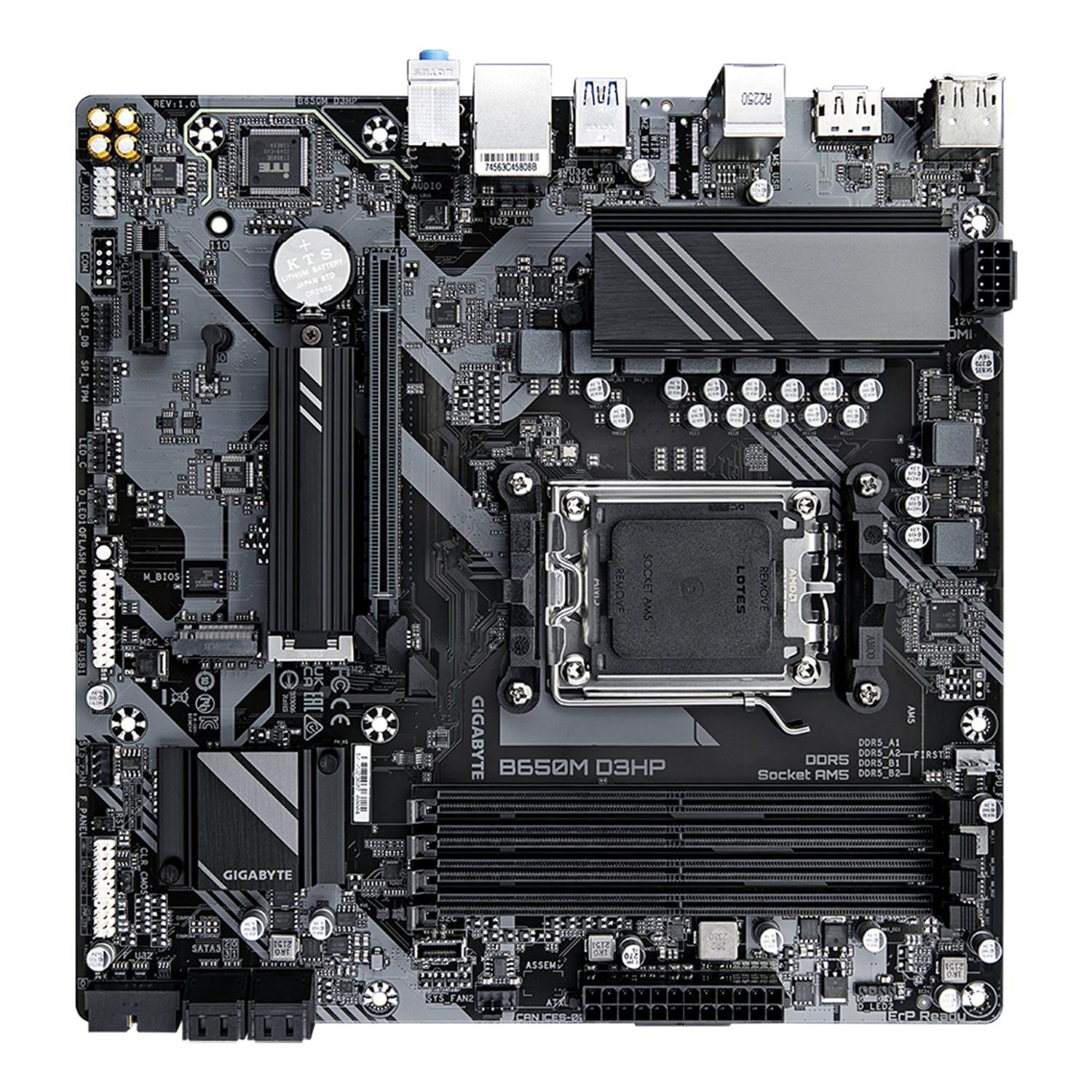 Zweites Bild vonGigabyte B650M D3HP Mainboard - AMD Ryzen 9000er-Serie, 5+2+2 Phasen VRM, bis zu 7600 MHz DDR5 (OC), 2xPCIe 4.0 M.2, 2,5 GbE LAN, USB 3.2 Gen 1, AMD, Sockel AM5, AMD Ryzen 7000 Series, AMD Ryzen 8000 Series, AMD Ryzen 9000 Series, Sockel AM5, DDR5-SDRAM,