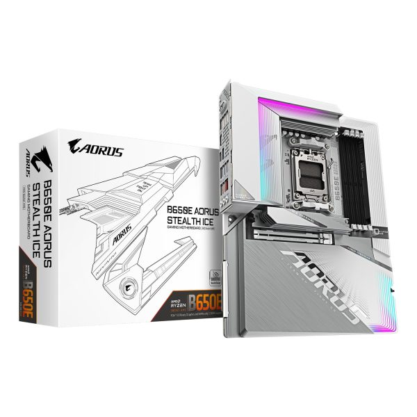 Gigabyte B650E AORUS STEALTH ICE Mainboard - AMD Ryzen 9000er-Serie, 12+2+2 Phasen VRM, bis zu 8000 MHz DDR5 (OC), 1xPCIe 5.0 + 2xPCIe 4.0 M.2, 2,5 GbE LAN, WIFI 7, USB 3.2 Gen 2x2, AMD, Sockel AM5, AMD Ryzen 7000 Series, AMD Ryzen 8000 Series, AMD Ryzen
