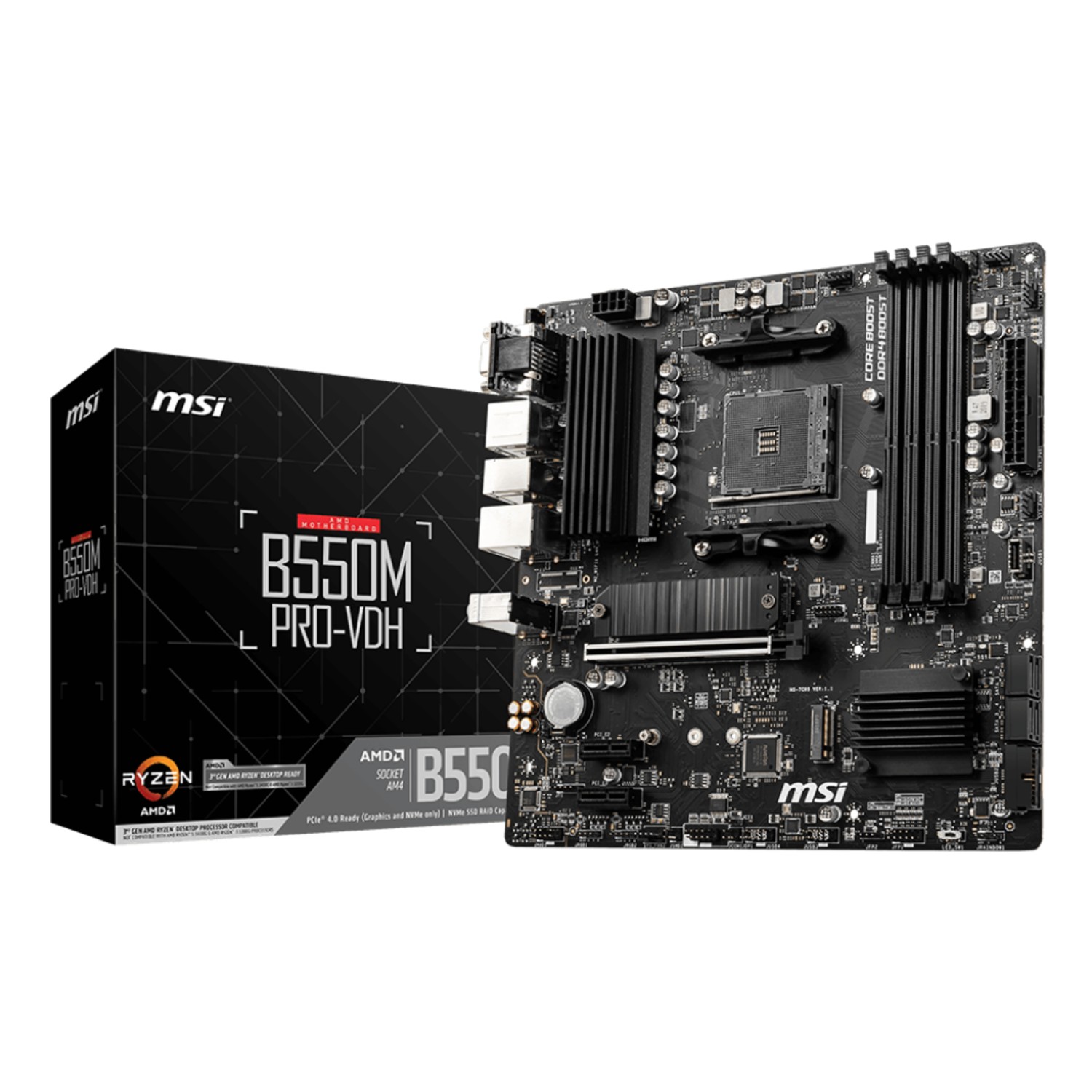 MSI B550M PRO-VDH, AMD, Sockel AM4, AMD Ryzen 3000 Series, DDR4-SDRAM, 128 GB, DIMM
