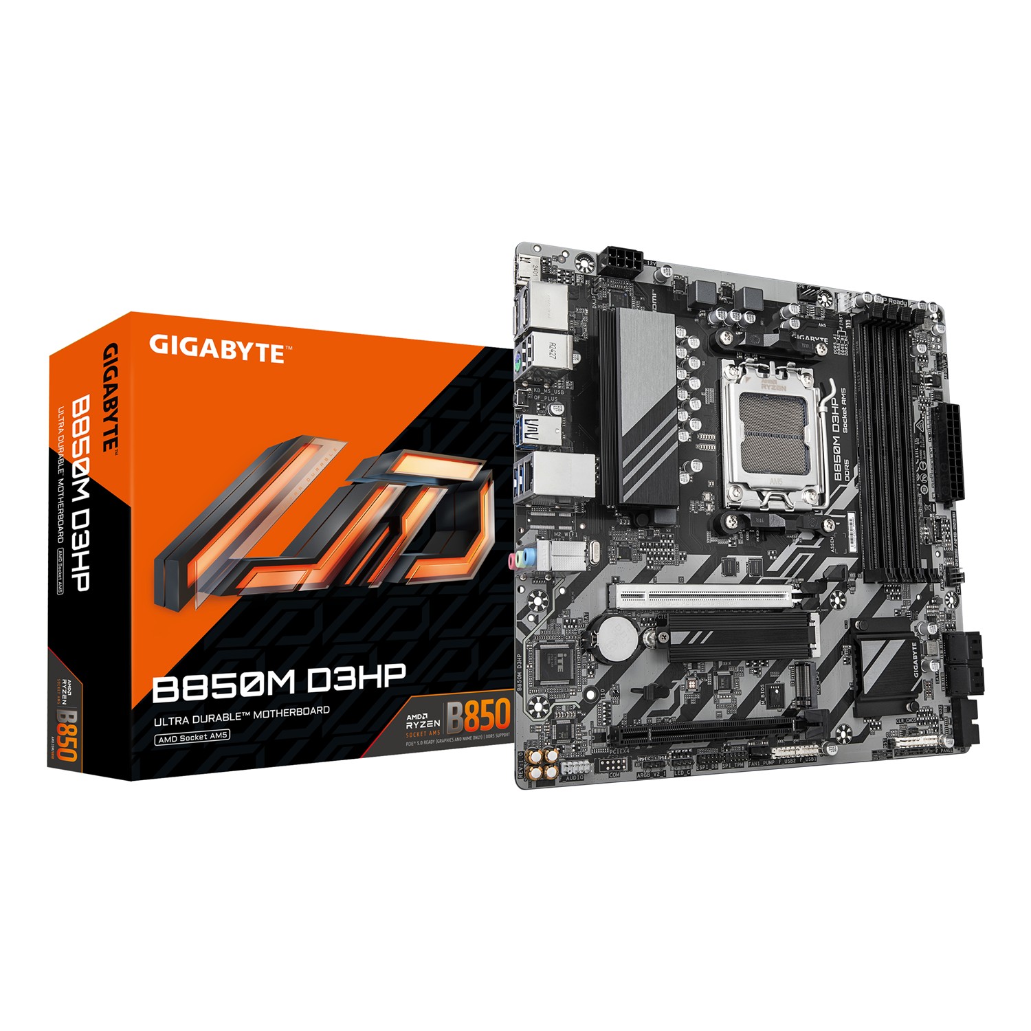 Gigabyte B850M D3HP Motherboard - AMD Ryzen 9000 Series CPUs, 5+2+2 Phasen Digital VRM, bis zu 8200MHz DDR5 (OC), 1xPCIe 5.0 + 1xPCIe 4.0 M.2, GbE LAN, USB 3.2 Gen 2, AMD, Sockel AM5, AMD Ryzen 7000 Series, AMD Ryzen 8000 Series, AMD Ryzen 9000 Series, So