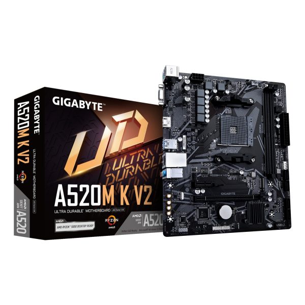 Gigabyte A520M K V2 Mainboard - Unterstützt AMD Ryzen 5000 Serie AM4 CPUs, bis zu 5100MHz DDR4 (OC), PCIe Gen3 x4 M.2, GbE LAN, USB 3.2 Gen 1, AMD, Sockel AM4, AMD Ryzen 3000 Series, AMD Ryzen 5000 Series, Sockel AM4, DDR4-SDRAM, 64 GB