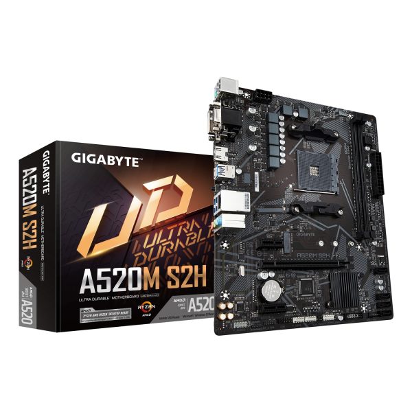 Gigabyte A520M S2H Mainboard - Unterstützt AMD Ryzen 5000 Serie AM4 CPUs, 4+3 Phasen reines digitales VRM, bis zu 5100MHz DDR4 (OC), PCIe 3.0 x4 M.2, GbE LAN, USB 3.2 Gen 1, AMD, Sockel AM4, AMD Ryzen 3000 Series, Sockel AM4, 64 GB, DDR4-SDRAM