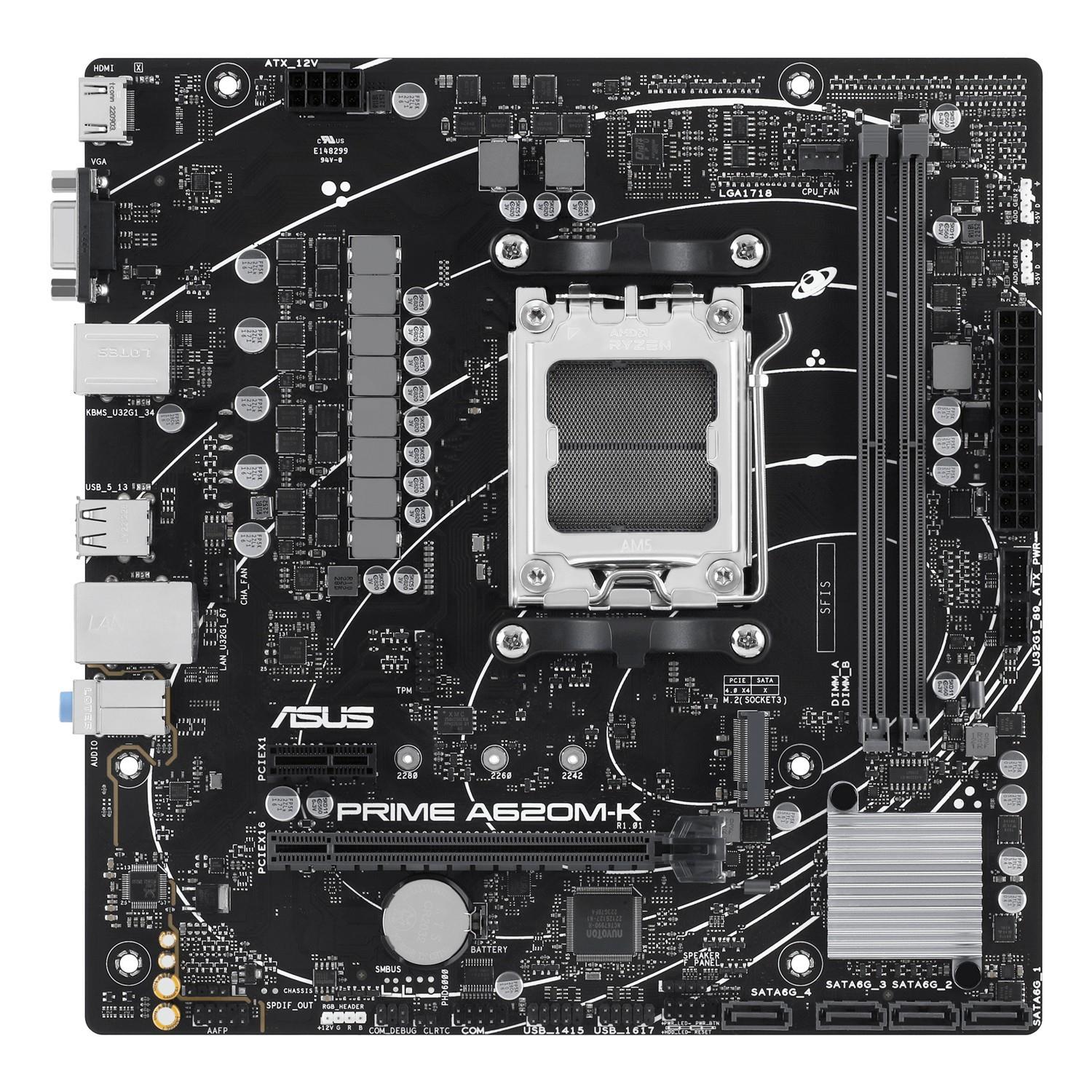Zweites Bild vonASUS PRIME A620M-K, AMD, Sockel AM5, AMD Ryzen 7000 Series, Sockel AM5, DDR5-SDRAM, 96 GB