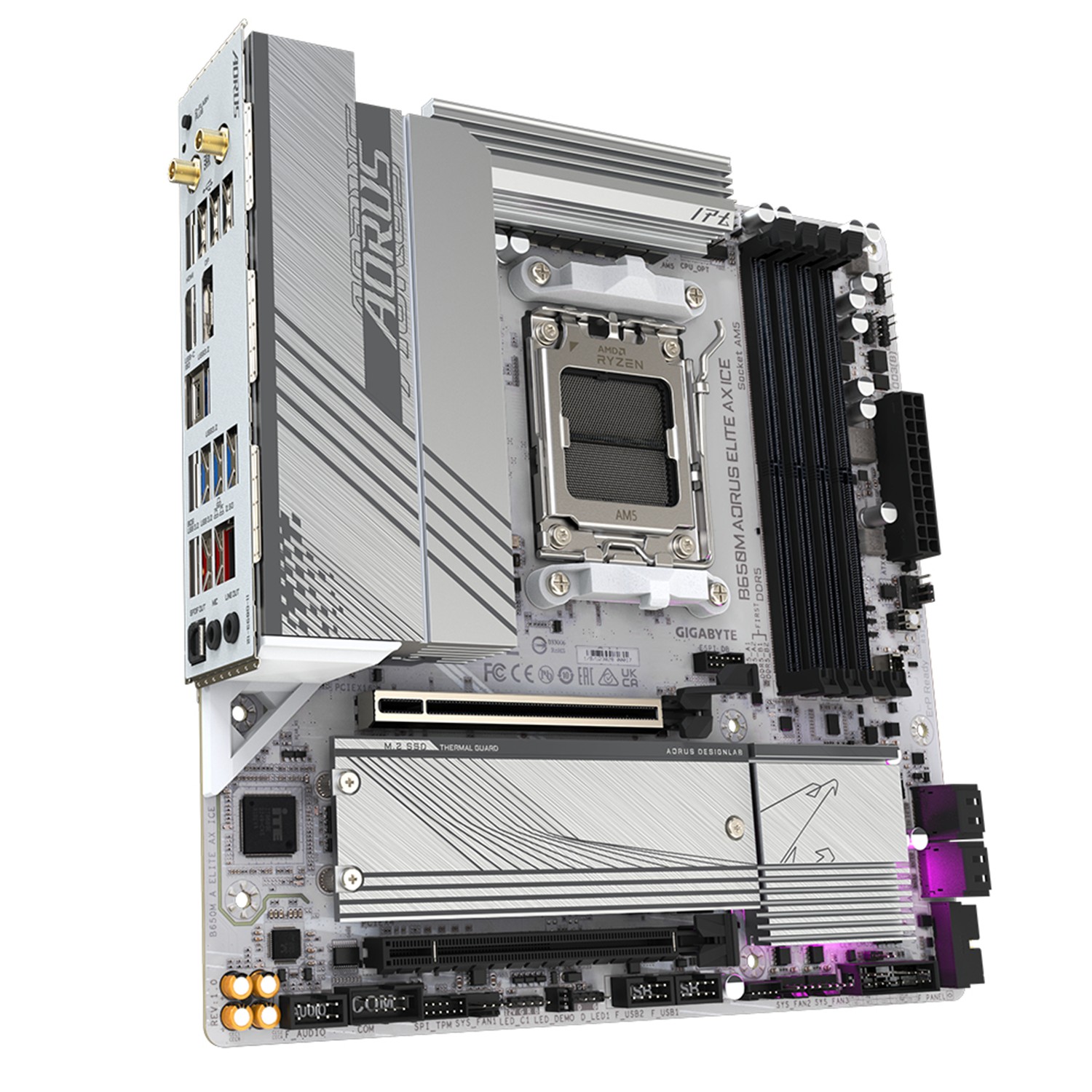Zweites Bild vonGigabyte B650M AORUS ELITE AX ICE Mainboard - AMD Ryzen 9000er-Serie, 12+2+2 Phasen VRM, bis zu 8000 MHz DDR5 (OC), 1xPCIe 5.0 + 1xPCIe 4.0 M.2, 2,5 GbE LAN, WIFI 6E, USB 3.2 Gen 2x2, AMD, Sockel AM5, AMD Ryzen 7000 Series, AMD Ryzen 8000 Series, AMD Ryze