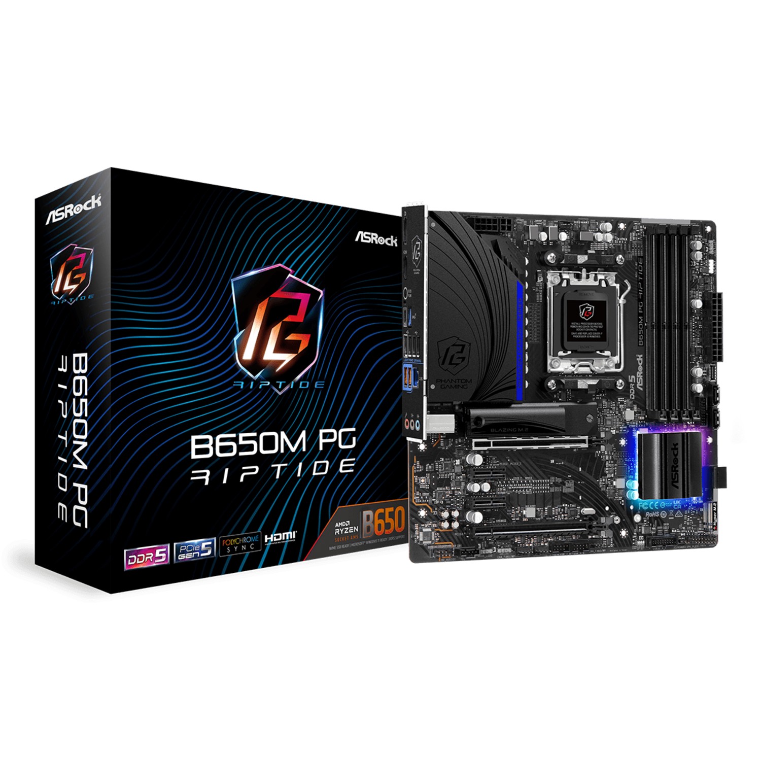 ASRock B650M PG Riptide, AMD, Sockel AM5, DDR5-SDRAM, 128 GB, DIMM, Zweikanalig