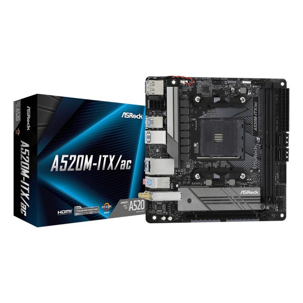 ASRock A520M-ITX/ac, AMD, Sockel AM4, AMD Ryzen 2000 Series, AMD Ryzen 3000 Series, DDR4-SDRAM, 64 GB, DIMM