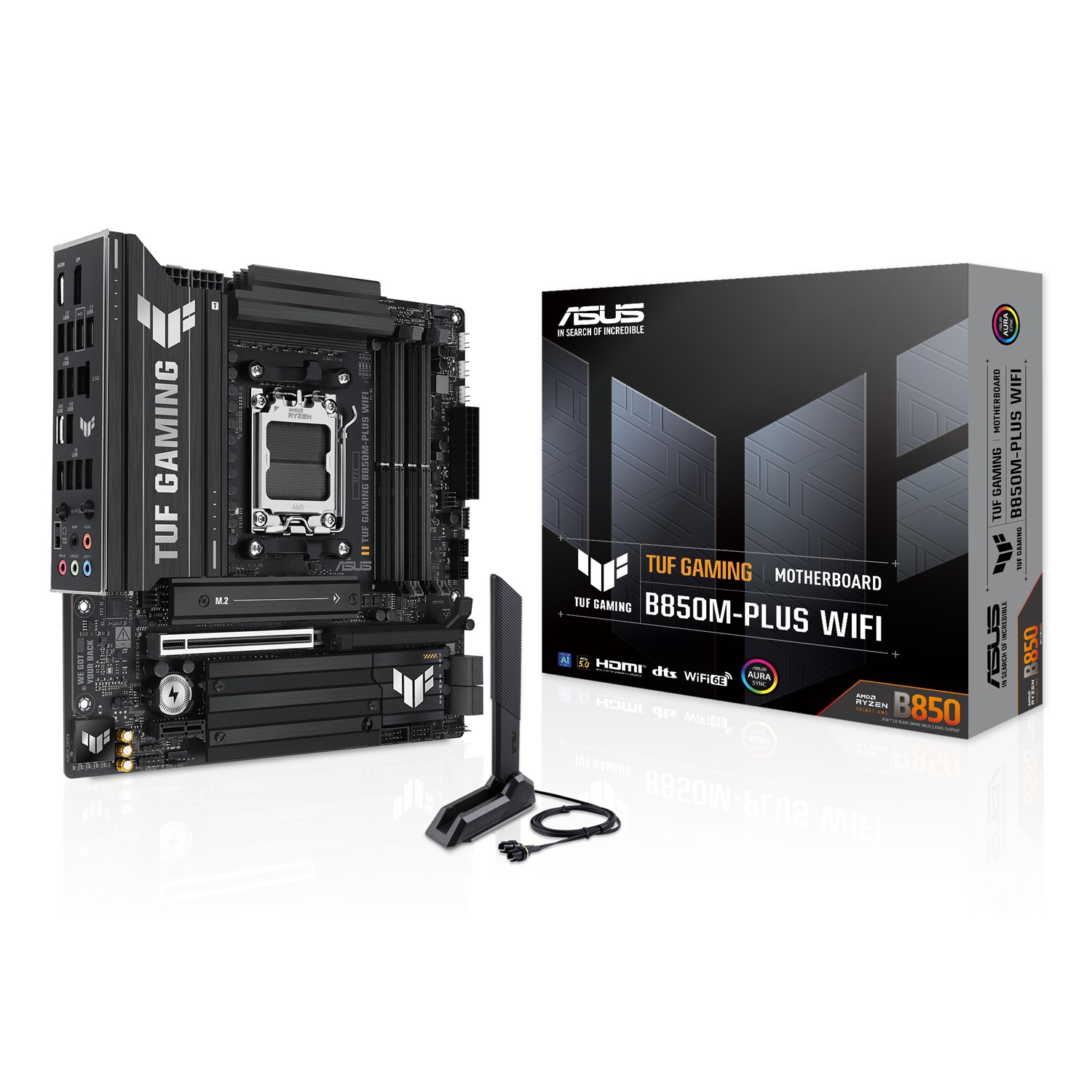 ASUS TUF GAMING B850M-PLUS WIFI, AMD, Sockel AM5, AMD Ryzen 7000 Series, AMD Ryzen 8000 Series, AMD Ryzen 9000 Series, Sockel AM5, DDR5-SDRAM, 192 GB