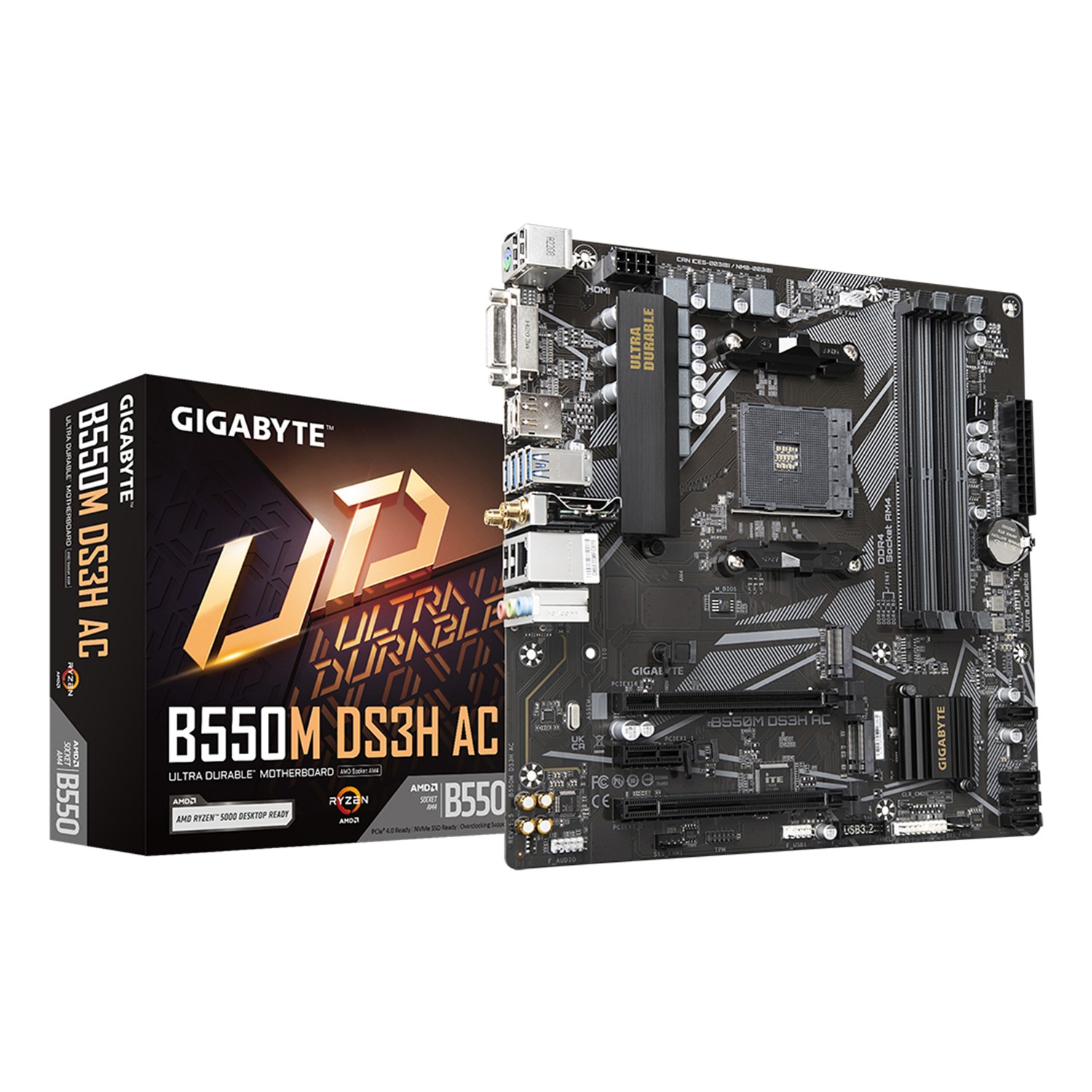 Gigabyte B550M DS3H AC Mainboard – AMD Ryzen 5000 CPUs, 5+3 Phasen VRM, bis zu 4733 MHz DDR4, 1xPCIe 4.0 + 1xPCIe 3.0 M.2, Wi-Fi 5, 1GbE LAN, USB 3.2 Gen 1, AMD, Sockel AM4, AMD Ryzen 3000 Series, AMD Ryzen 4000 Series, AMD Ryzen 5000 Series, Sockel AM4,
