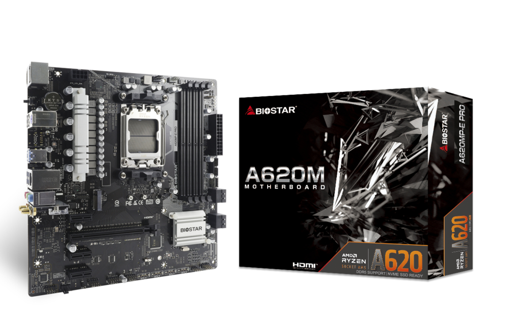 Biostar A620MP-E PRO, AMD, Sockel AM5, AMD Ryzen 7000 Series, DDR5-SDRAM, 128 GB, DIMM
