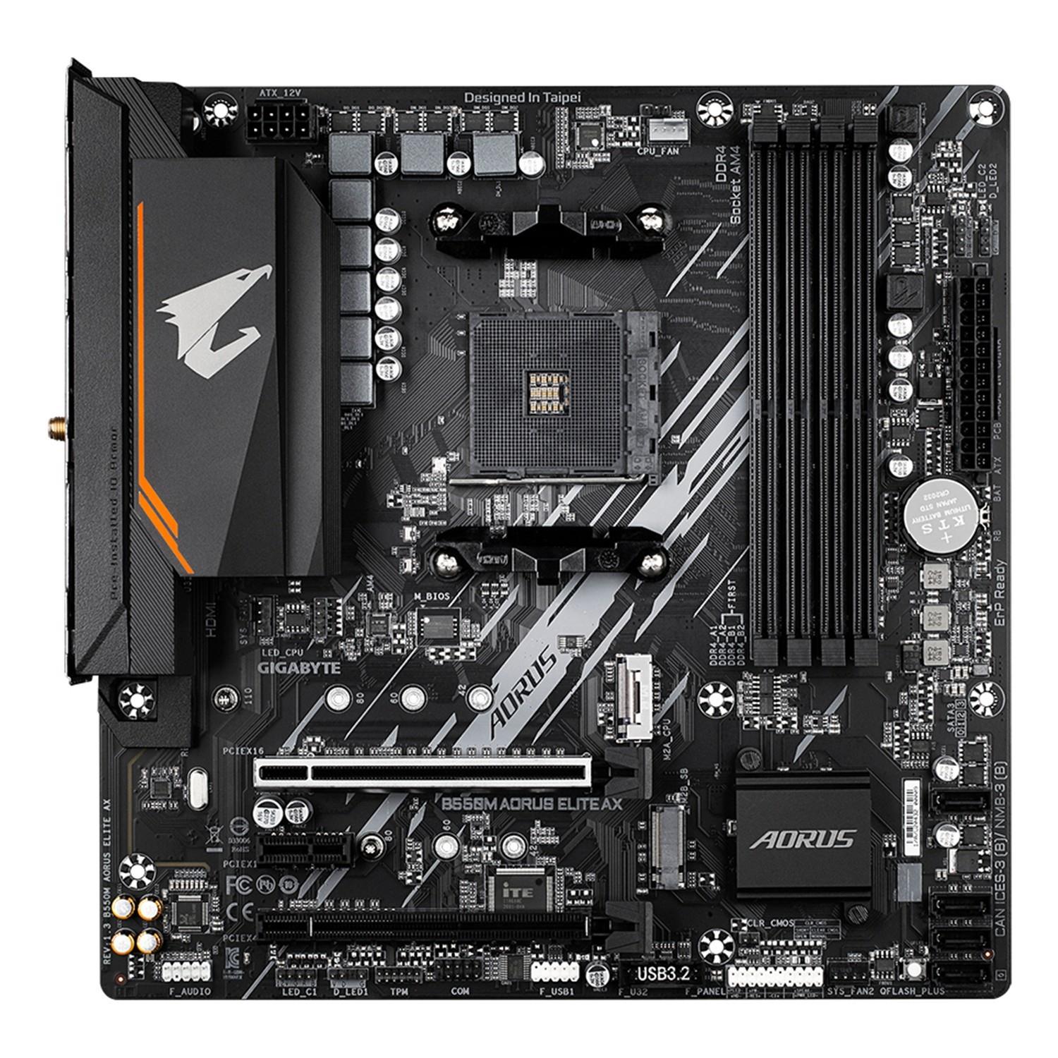 Zweites Bild vonGigabyte B550M AORUS ELITE AX Mainboard – AMD Ryzen 5000 CPUs, 5+3 Phasen VRM, bis zu 4733 MHz DDR4, 1xPCIe 4.0 + 1xPCIe 3.0 M.2, Wi-Fi 6E, 1GbE LAN, USB 3.2 Gen 1, AMD, Sockel AM4, AMD Ryzen 3000 Series, AMD Ryzen 4000 Series, AMD Ryzen 5000 Series, Sock
