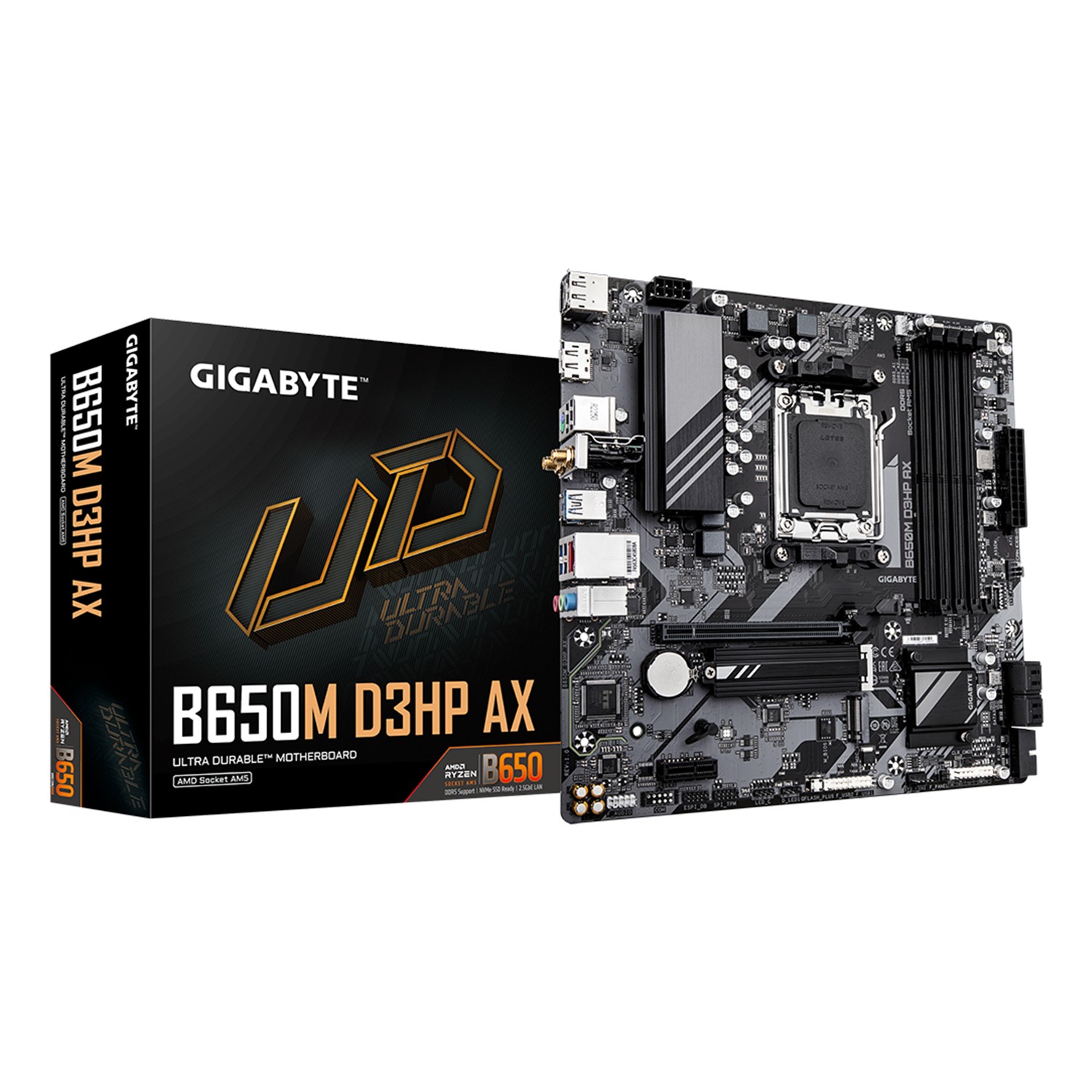 Gigabyte B650M D3HP AX Mainboard - AMD Ryzen 9000er-Serie, 5+2+2 Phasen VRM, bis zu 8000 MHz DDR5 (OC), 2xPCIe 4.0 M.2, WIFI 6E, 2,5 GbE LAN, USB 3.2 Gen 1, AMD, Sockel AM5, AMD Ryzen 7000 Series, AMD Ryzen 8000 Series, AMD Ryzen 9000 Series, Sockel AM5,