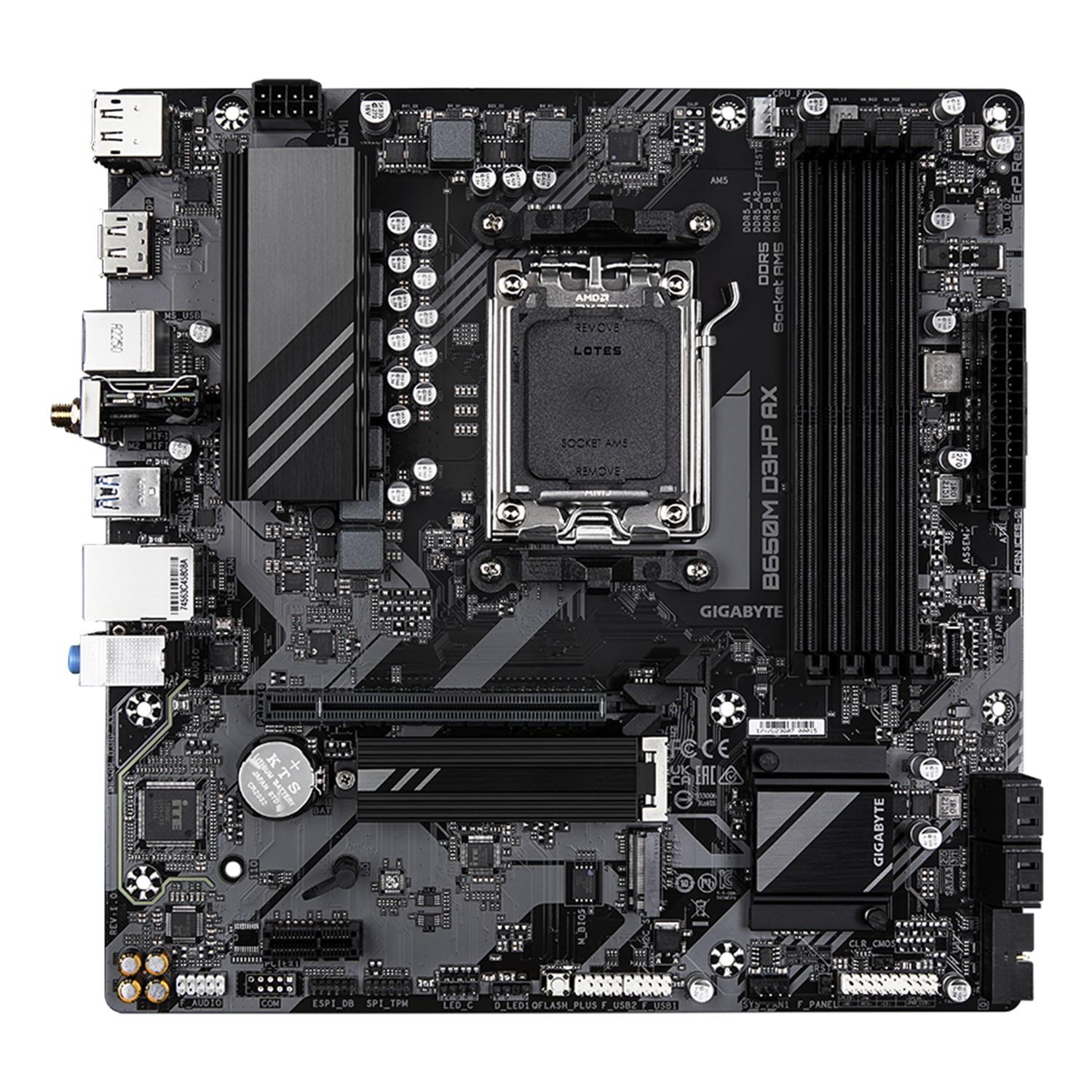 Zweites Bild vonGigabyte B650M D3HP AX Mainboard - AMD Ryzen 9000er-Serie, 5+2+2 Phasen VRM, bis zu 8000 MHz DDR5 (OC), 2xPCIe 4.0 M.2, WIFI 6E, 2,5 GbE LAN, USB 3.2 Gen 1, AMD, Sockel AM5, AMD Ryzen 7000 Series, AMD Ryzen 8000 Series, AMD Ryzen 9000 Series, Sockel AM5,