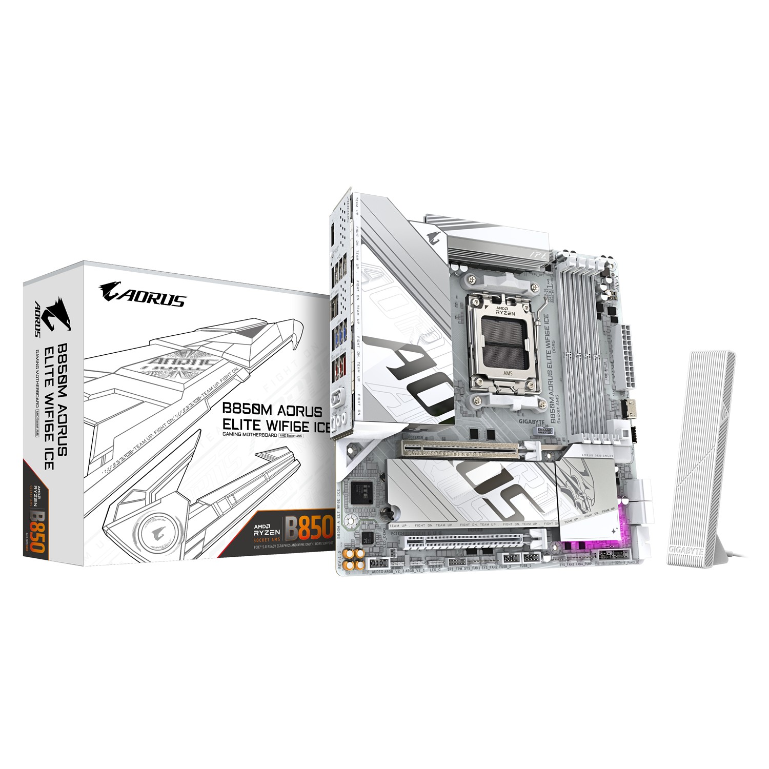 Gigabyte B850M AORUS ELITE WIFI6E ICE Motherboard - AMD Ryzen 9000 Series CPUs, 12+2+1 Phasen Digital VRM, bis zu 8200MHz DDR5 (OC), 1xPCIe 5.0 + 1xPCIe 4.0 M.2, 2.5 LAN, WIFI 7, USB 3.2 Gen 2, AMD, Sockel AM5, AMD Ryzen 7000 Series, AMD Ryzen 8000 Series