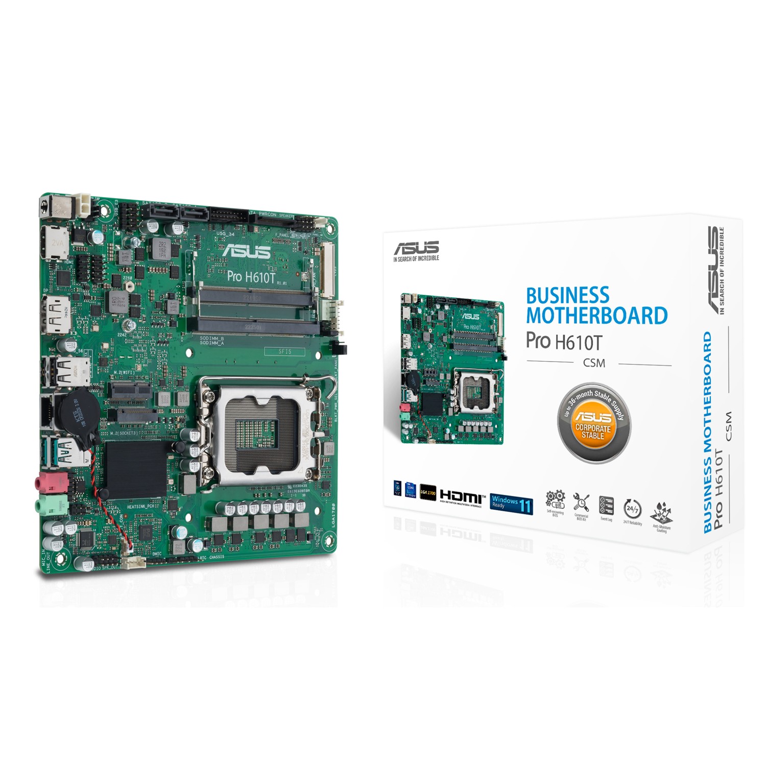 ASUS PRO H610T-CSM, AMD, LGA 1700, Intel® Celeron®, Intel® Core™ i3, Intel® Core™ i5, Intel® Core™ i7, Intel® Core™ i9,..., DDR5-SDRAM, 64 GB, SO-DIMM
