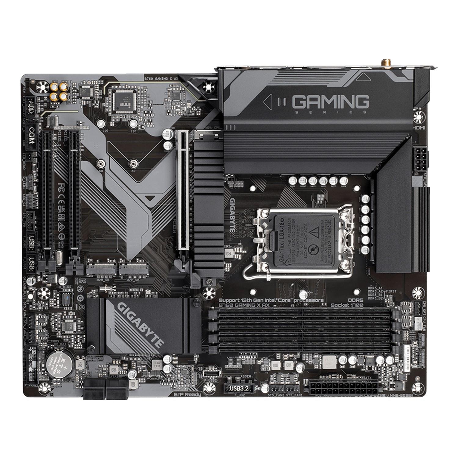 Zweites Bild vonGigabyte B760 GAMING X AX Mainboard - Unterstützt Intel Core Prozessoren der 14. Generation, 8+1+1 Phasen digitales VRM, bis zu 7600MHz DDR5 (OC), 3x PCIe 4.0 M.2, Wi-Fi 6E, 2.5GbE LAN, USB 3.2 Gen 2, Intel, LGA 1700, Intel® Celeron®, Intel® Core™ i3, Int