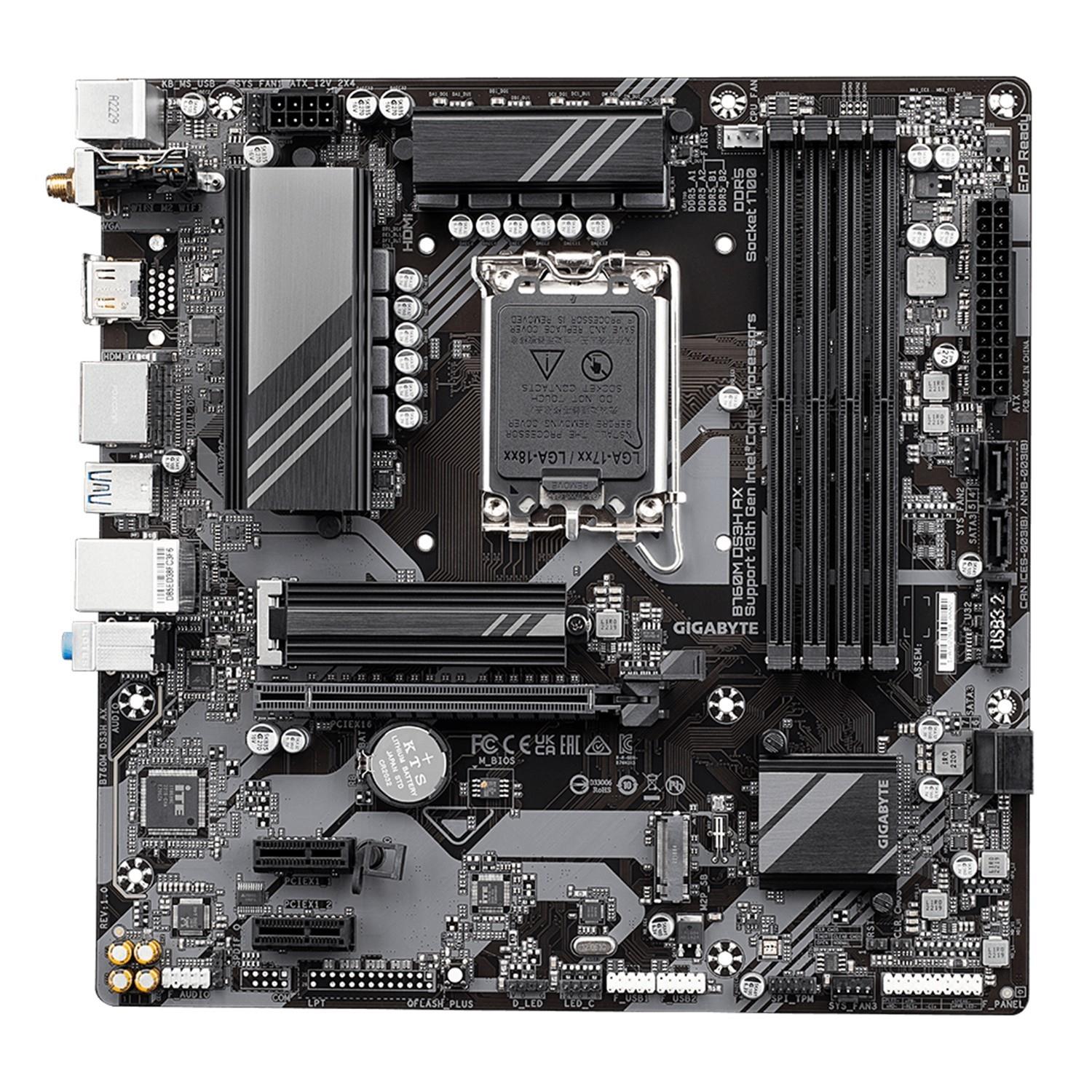Zweites Bild vonGigabyte B760M DS3H AX Mainboard - Unterstützt Intel Core Prozessoren der 14. Generation, 6+2+1 Phasen digitales VRM, bis zu 7600MHz DDR5 (OC), 2x PCIe 4.0 M.2, Wi-Fi 6E, 2.5GbE LAN, USB 3.2 Gen 2, Intel, LGA 1700, Intel® Celeron®, Intel® Core™ i3, Intel®