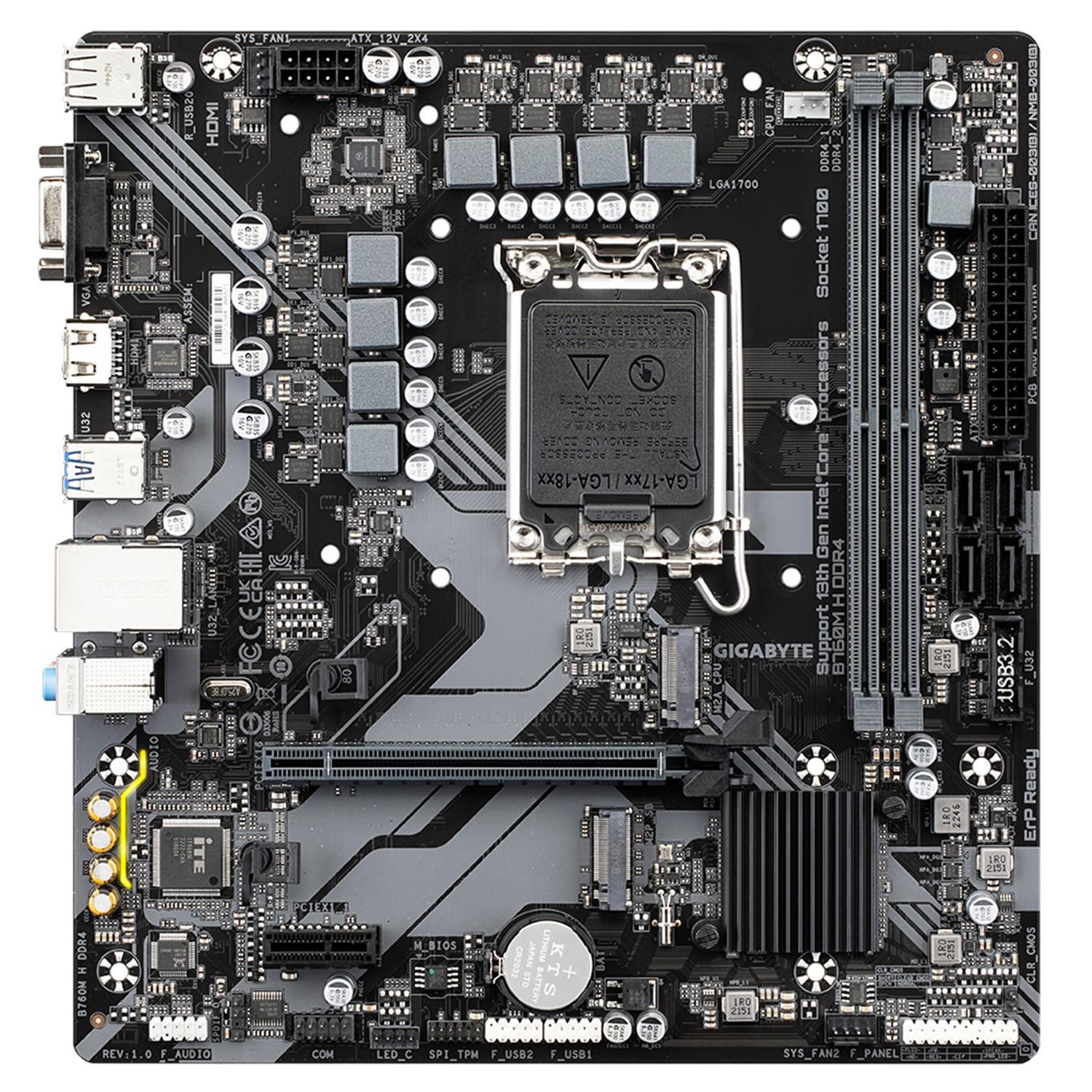 Zweites Bild vonGigabyte B760M H DDR4 Motherboard - Unterstützt Intel Core 14. Generation CPUs, 6+1+1 Phasen Digital VRM, bis zu 3200MHz DDR4 (OC), 2xPCIe 4.0 M.2, GbE LAN, USB 3.2 Gen1, Intel, LGA 1700, Intel® Celeron®, Intel® Pentium® Gold, LGA 1700, 64 GB, DDR4-SDRAM