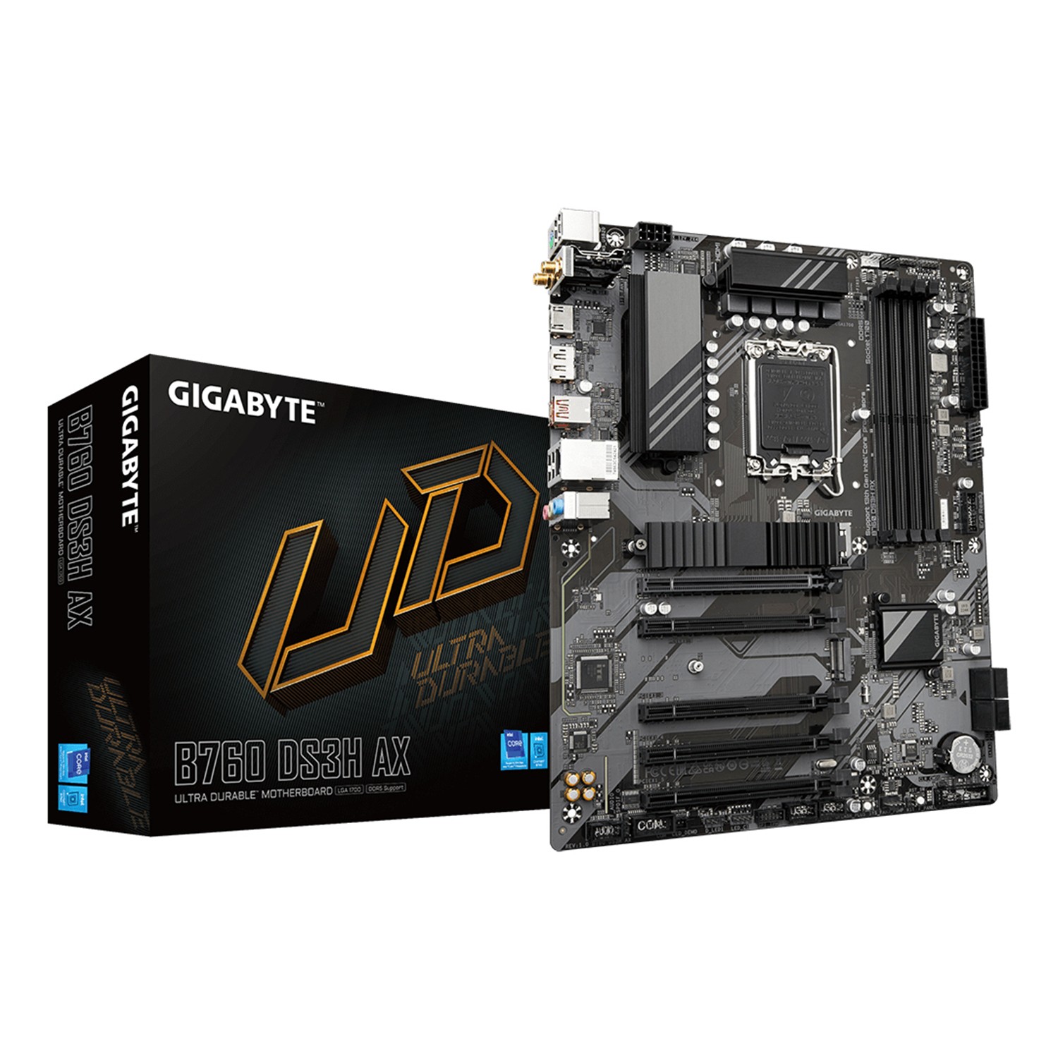 Gigabyte B760 DS3H AX Mainboard - Unterstützt Intel Core Prozessoren der 14. Generation, 8+2+1 Phasen digitales VRM, bis zu 7600MHz DDR5 (OC), 2x PCIe 4.0 M.2, Wi-Fi 6E, GbE LAN, USB 3.2 Gen 2x2, Intel, LGA 1700, Intel® Celeron®, Intel® Core™ i3, Intel® C
