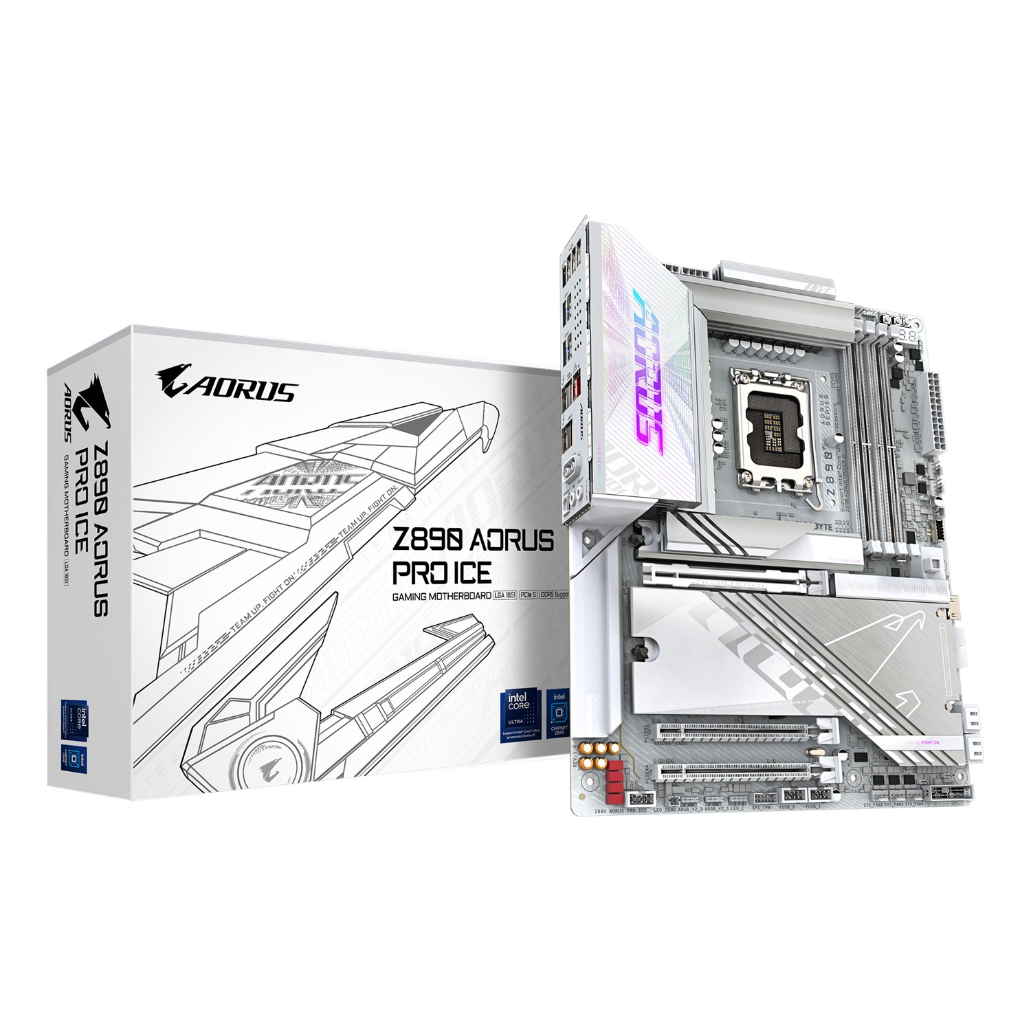 Gigabyte Z890 AORUS PRO ICE Mainboard - Unterstützt Intel Core Ultra (Serie 2) CPUs, 16+1+2 Phasen VRM, bis zu 9500MHz DDR5 (OC), 1xPCIe 5.0 + 4xPCIe 4.0, Wi-Fi 7, 5GbE LAN, Thunderbolt 4, Intel, LGA 1851 (Socket V1), Intel Core Ultra (Series 2), LGA 1851