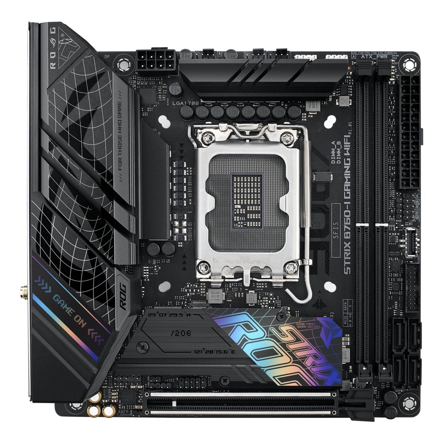 ASUS ROG STRIX B760-I GAMING WIFI, Intel, LGA 1700, Intel® Celeron®, Intel® Core™ i3, Intel® Core™ i5, Intel® Core™ i7, Intel® Core™ i9,..., LGA 1700, DDR5-SDRAM, 96 GB