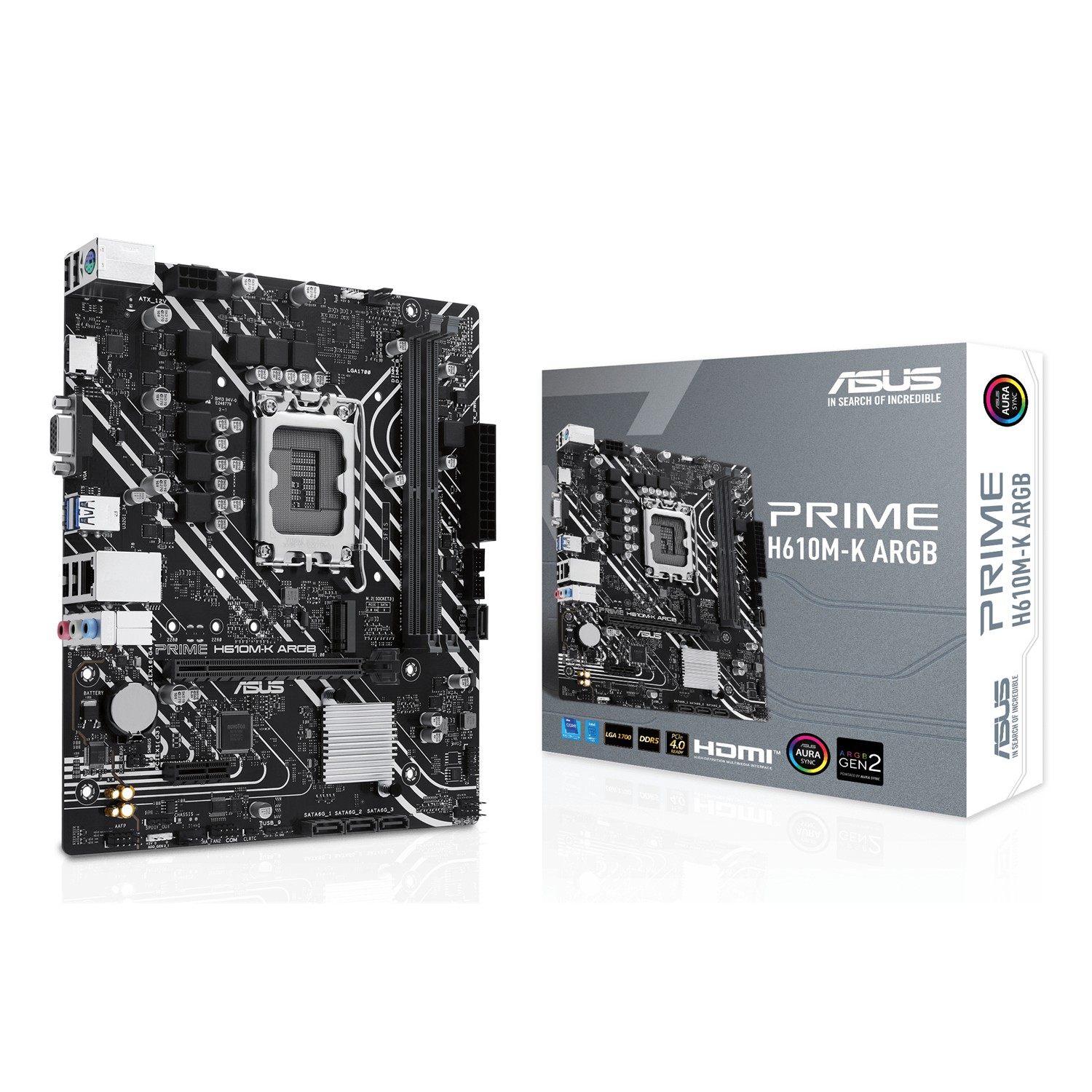 ASUS PRIME H610M-K ARGB, Intel, LGA 1700, Intel® Celeron®, Intel® Core™ i3, Intel® Core™ i5, Intel® Core™ i7, Intel® Core™ i9,..., DDR5-SDRAM, 96 GB, DIMM