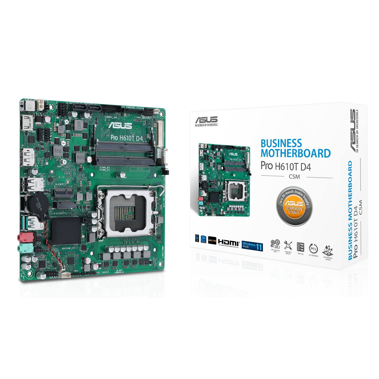 ASUS Pro H610T D4-CSM, Intel, LGA 1700, Intel® Celeron®, Intel® Core™ i3, Intel® Core™ i5, Intel® Core™ i7, Intel® Core™ i9, Intel® Pentium®, DDR4-SDRAM, 64 GB, SO-DIMM