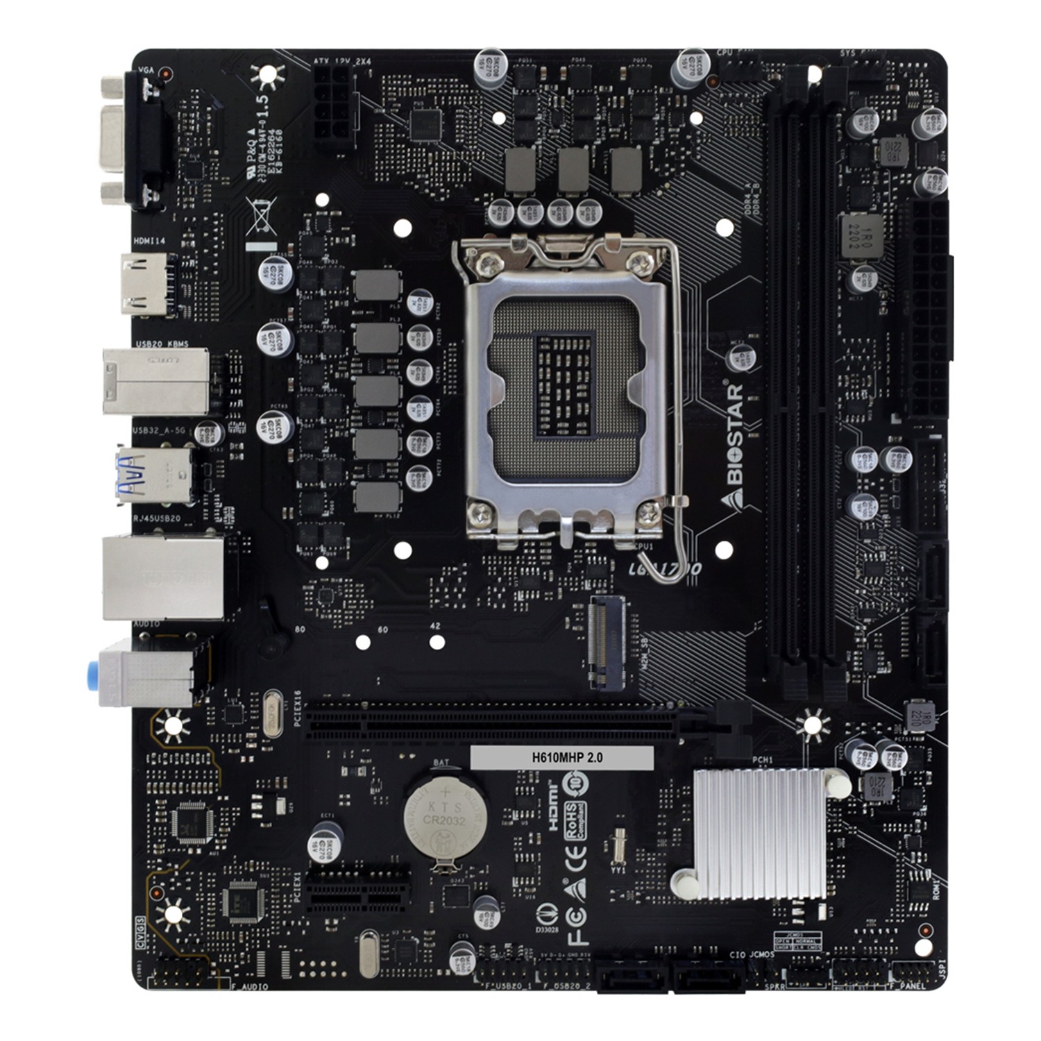 Zweites Bild vonBiostar H610MHP 2.0, Intel, LGA 1700, Intel® Celeron®, Intel Core i3 12th Gen, Intel Core i3 13th Gen, Intel Core i3 14th Gen, Intel..., 65 W, DDR4-SDRAM, 64 GB