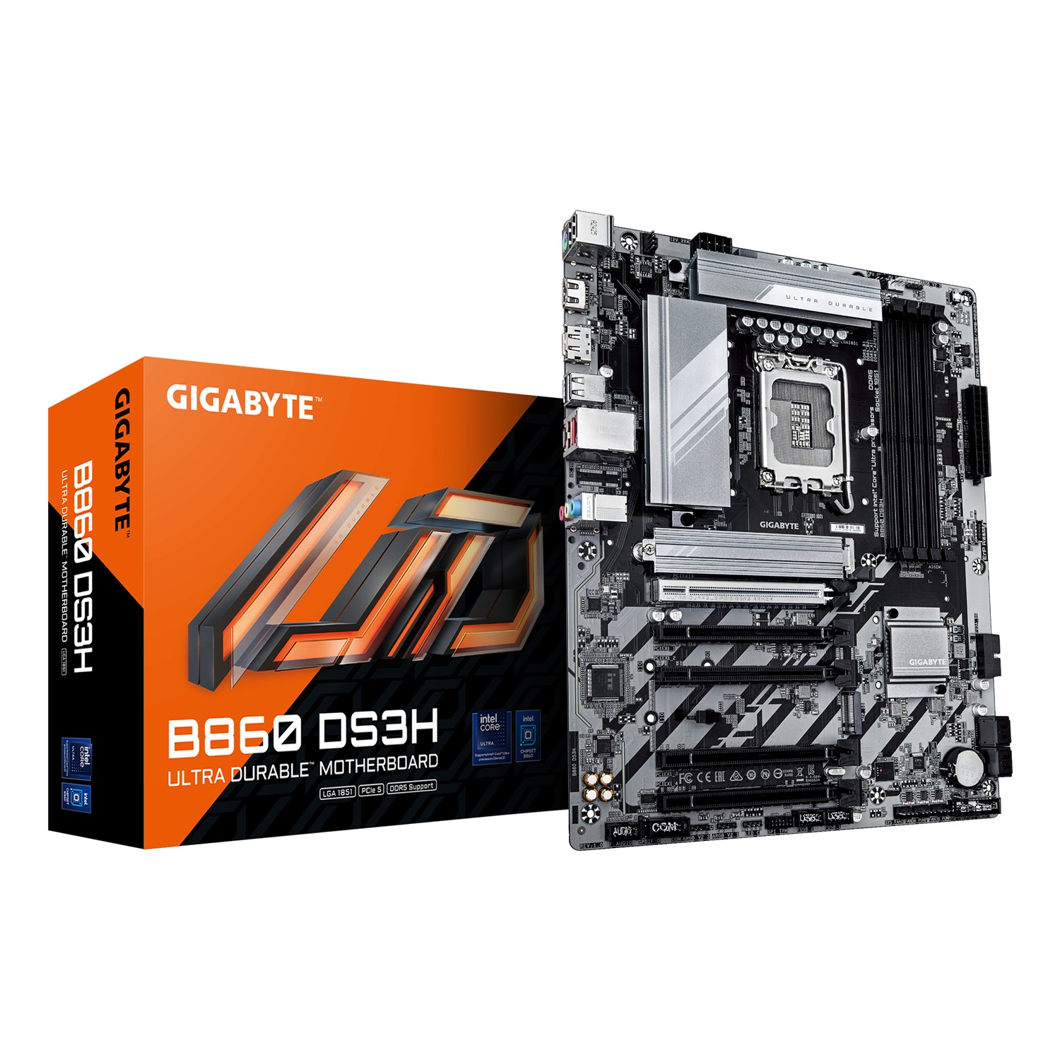 Gigabyte B860 DS3H Mainboard - Intel Core Ultra CPUs, 8+1+2+2 Phasen VRM, bis zu 9066MHz DDR5, 1xPCIe 5.0 + 1xPCIe 4.0 M.2, 2,5 GbE LAN, USB 3.2 Gen 2x2, Intel, LGA 1851 (Socket V1), Intel Core Ultra (Serie 1), Intel Core Ultra (Series 2), LGA 1851, DDR5-