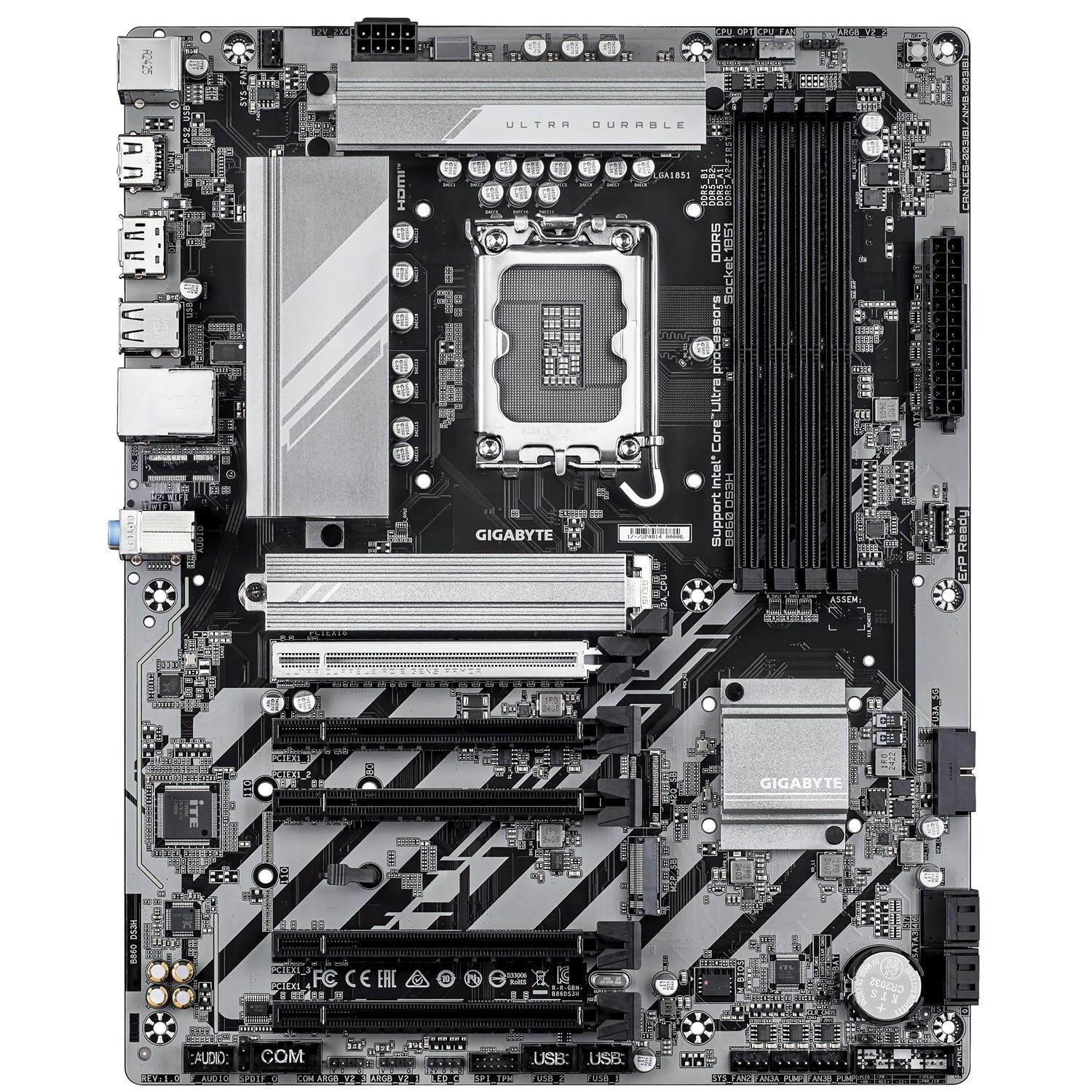 Zweites Bild vonGigabyte B860 DS3H Mainboard - Intel Core Ultra CPUs, 8+1+2+2 Phasen VRM, bis zu 9066MHz DDR5, 1xPCIe 5.0 + 1xPCIe 4.0 M.2, 2,5 GbE LAN, USB 3.2 Gen 2x2, Intel, LGA 1851 (Socket V1), Intel Core Ultra (Serie 1), Intel Core Ultra (Series 2), LGA 1851, DDR5-
