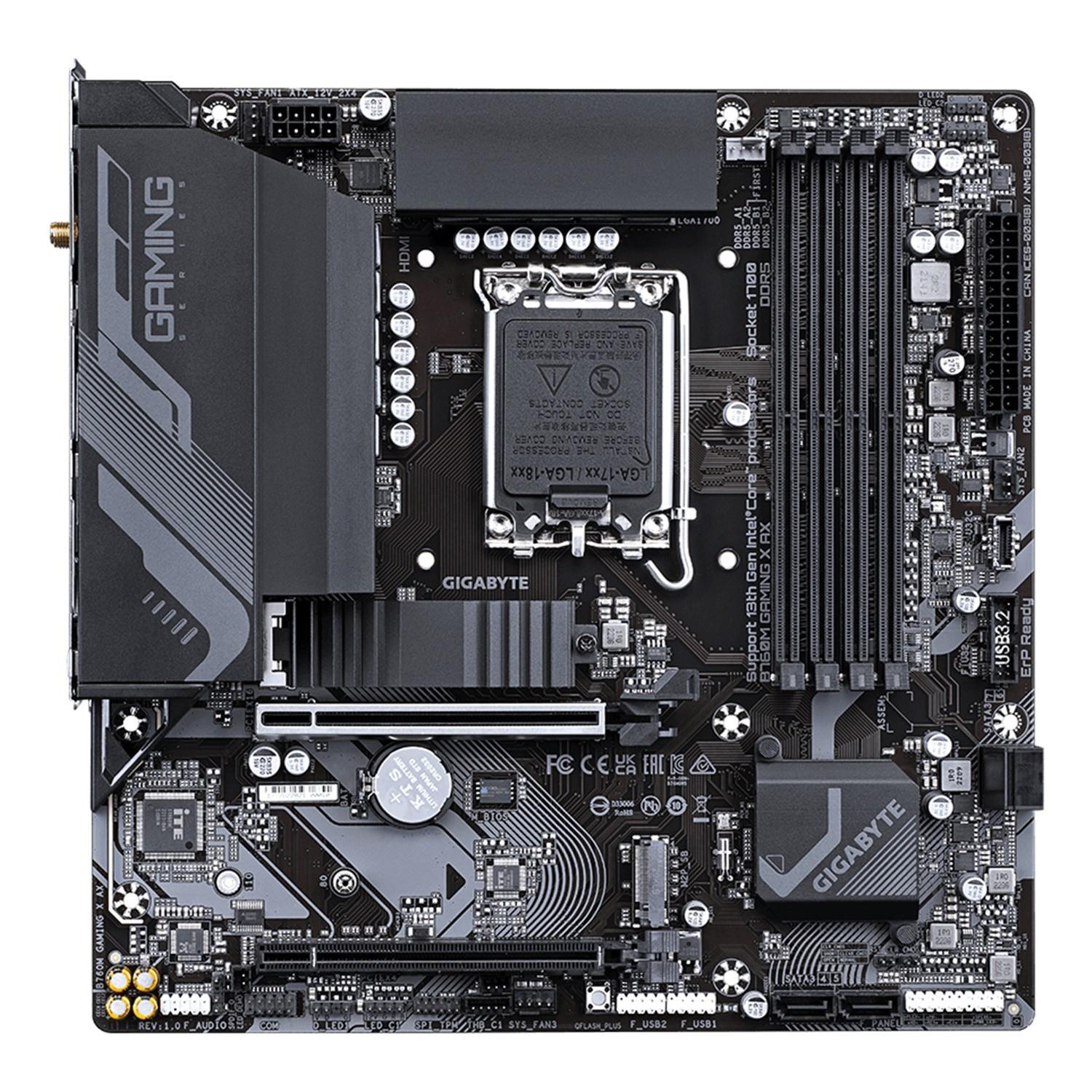 Zweites Bild vonGigabyte B760M Gaming X AX Mainboard – Unterstützt Intel Core 14. Gen CPUs, 8+1+1 Phasen VRM, bis zu 7600 MHz DDR5, 2xPCIe 4.0 M.2, Wi-Fi 6E, 2.5GbE LAN, USB 3.2 Gen 2, Intel, LGA 1700, Intel® Celeron®, Intel Core i3 12th Gen, Intel Core i3 13th Gen, Inte