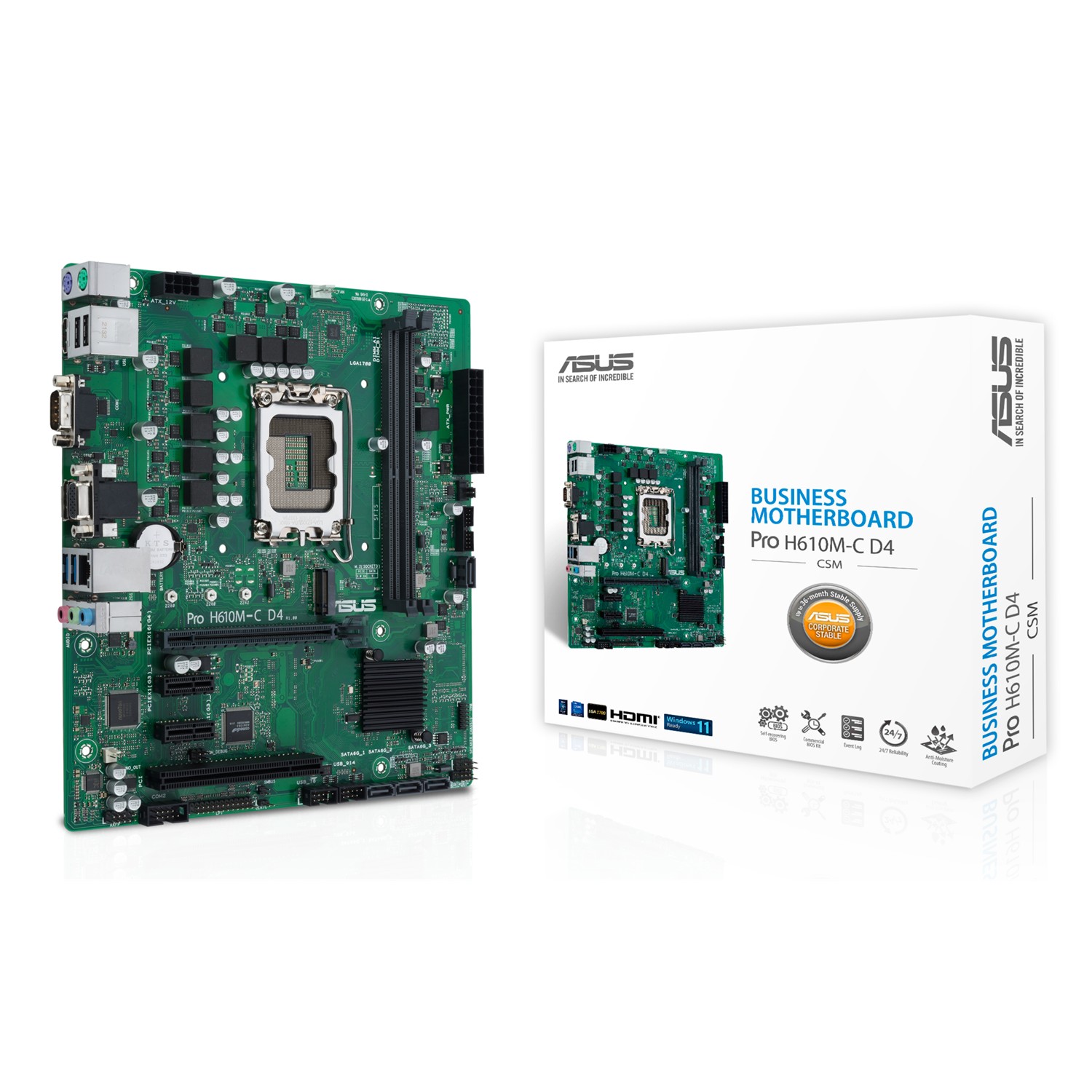 ASUS PRO H610M-C D4-CSM, Intel, LGA 1700, Intel® Celeron®, Intel® Core™ i3, Intel® Core™ i5, Intel® Core™ i7, Intel® Core™ i9, Intel® Pentium®, DDR4-SDRAM, 64 GB, DIMM