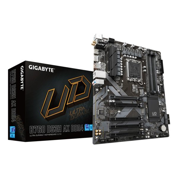 Gigabyte B760 DS3H AX DDR4 Mainboard - Unterstützt Intel Core Prozessoren der 14. Generation, 8+2+1 Phasen digitales VRM, bis zu 5333MHz DDR4 (OC), 2x PCIe 4.0 M.2, Wi-Fi 6E, GbE LAN, USB 3.2 Gen 2, Intel, LGA 1700, Intel® Celeron®, Intel® Core™ i3, Intel