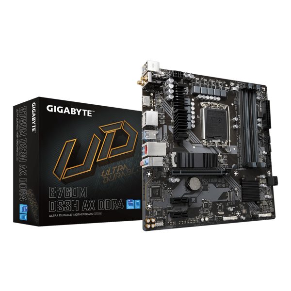 Gigabyte B760M DS3H AX DDR4 Motherboard - Unterstützt Intel Core 14. Generation CPUs, 6+2+1 Phasen Digital VRM, bis zu 5333MHz DDR4 (OC), 2xPCIe 4.0 M.2, Wi-Fi 6E, 2.5GbE LAN, USB 3.2 Gen2, Intel, LGA 1700, Intel® Celeron®, Intel® Core™ i3, Intel® Core™ i