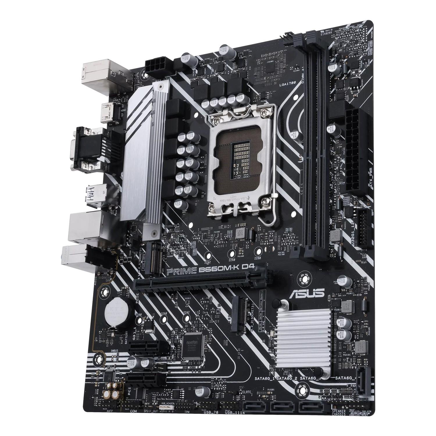 Zweites Bild vonASUS PRIME B660M-K D4, Intel, LGA 1700, Intel® Celeron®, Intel® Core™ i3, Intel® Core™ i5, Intel® Core™ i7, Intel® Core™ i9,..., DDR4-SDRAM, 128 GB, DIMM