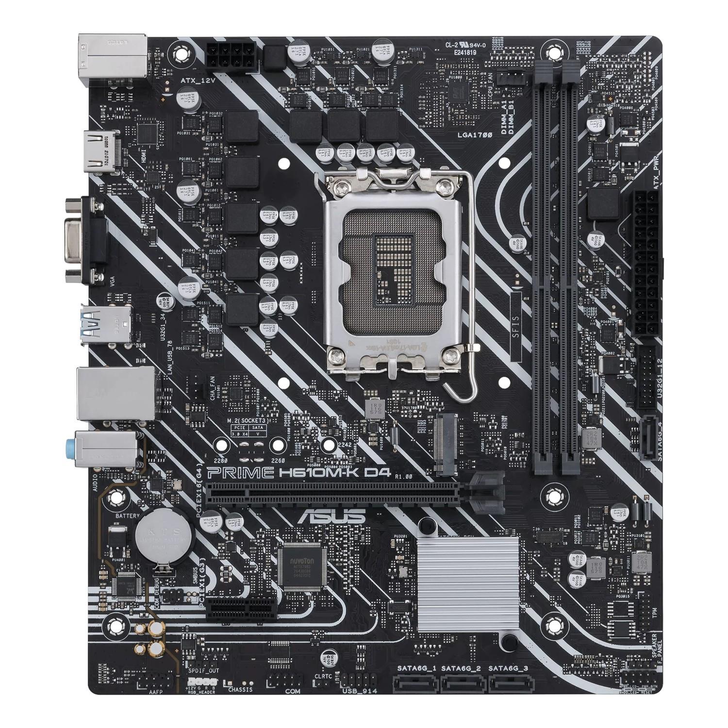 Zweites Bild vonASUS PRIME H610M-K D4, Intel, LGA 1700, Intel® Celeron®, Intel® Core™ i3, Intel® Core™ i5, Intel® Core™ i7, Intel® Core™ i9,..., DDR4-SDRAM, 64 GB, DIMM
