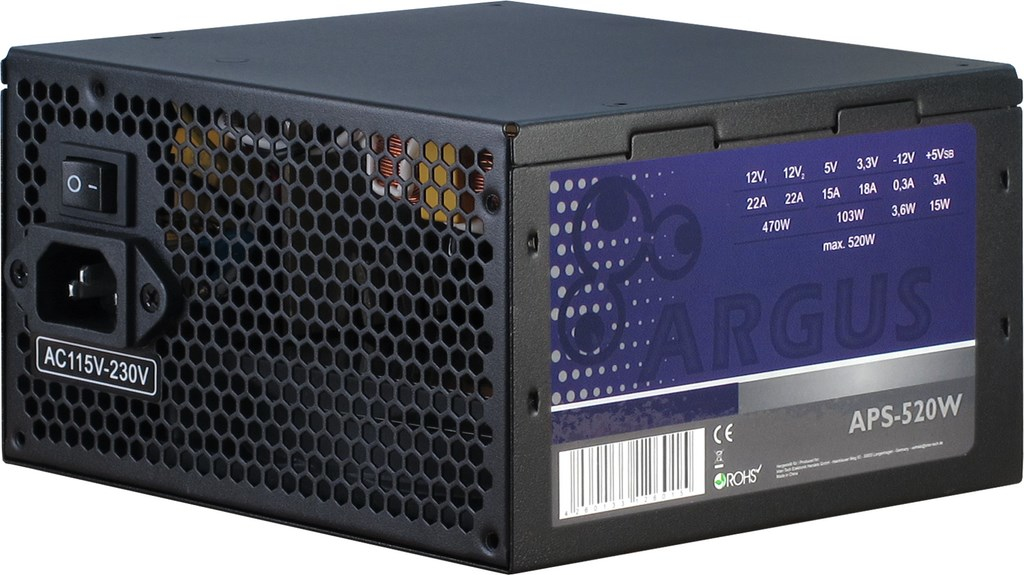 Inter-Tech Argus APS, 520 W, 115 - 230 V, 47 - 63 Hz, +12V1,+12V2,+3.3V,+5V,+5Vsb,-12V, Aktiv, 120 W