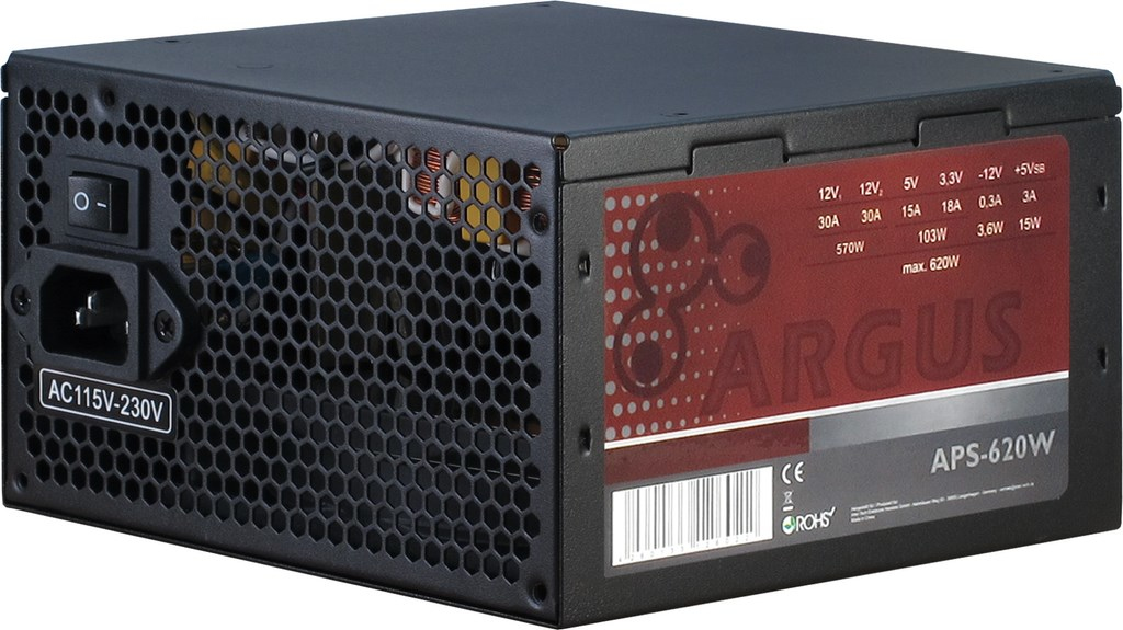 Inter-Tech Argus APS, 620 W, 115 - 230 V, 47 - 63 Hz, +12V1,+12V2,+3.3V,+5V,+5Vsb,-12V, Aktiv, 103 W