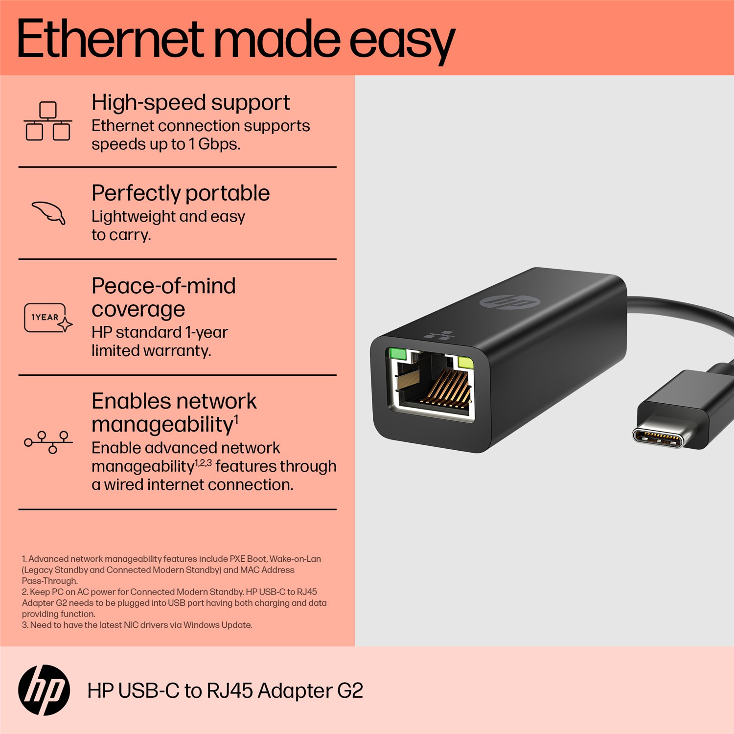 Zweites Bild vonHP USB-C-an-RJ45 G2-Adapter, Kabelgebunden, USB Typ-C, Ethernet, Schwarz