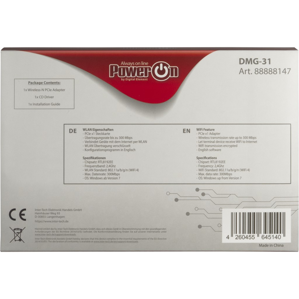 Zweites Bild vonInter-Tech DMG-31, Eingebaut, Kabellos, PCI Express, WLAN, Wi-Fi 4 (802.11n), 300 Mbit/s