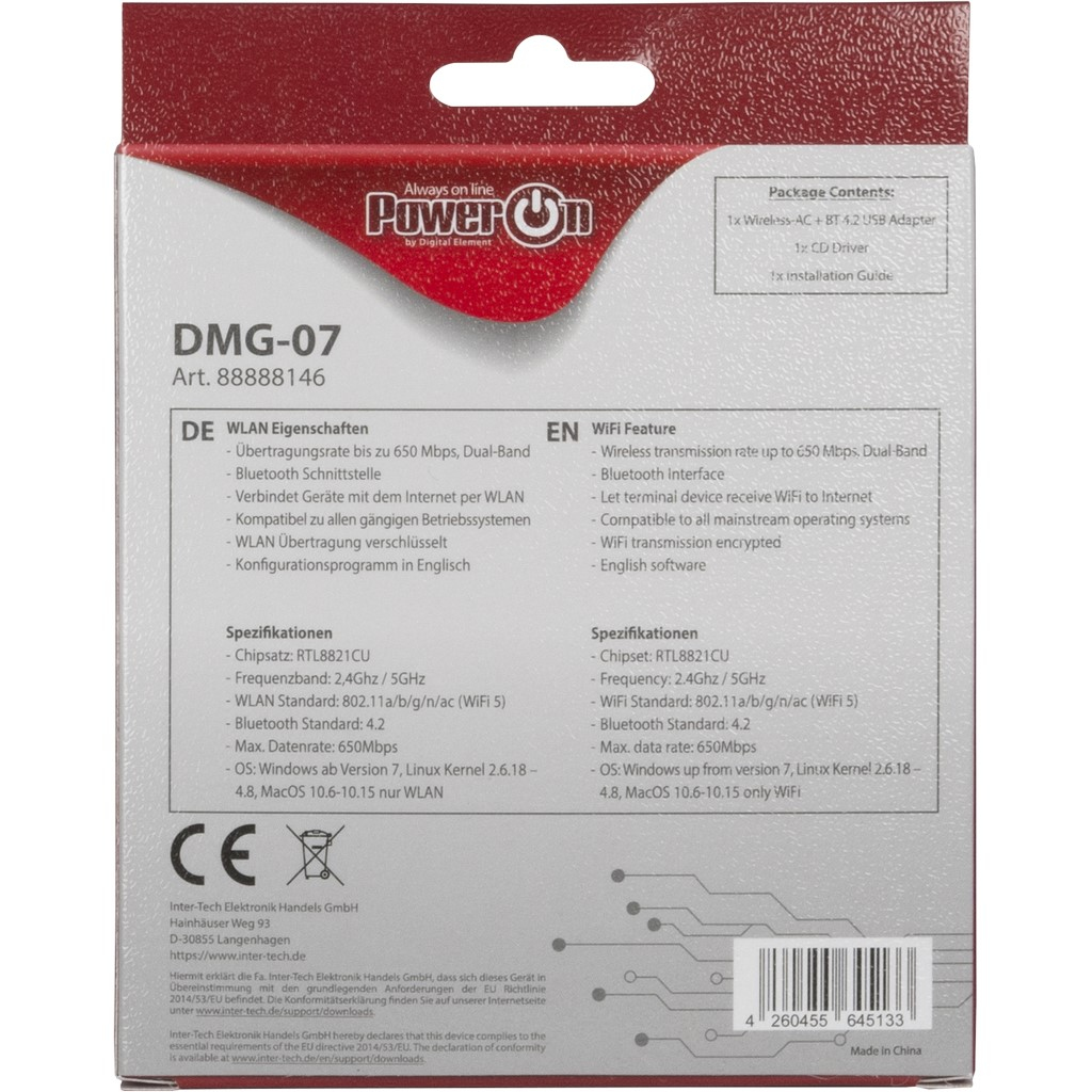 Zweites Bild vonInter-Tech DMG-07, Kabellos, USB, WLAN / Bluetooth, Wi-Fi 5 (802.11ac), 650 Mbit/s, Schwarz
