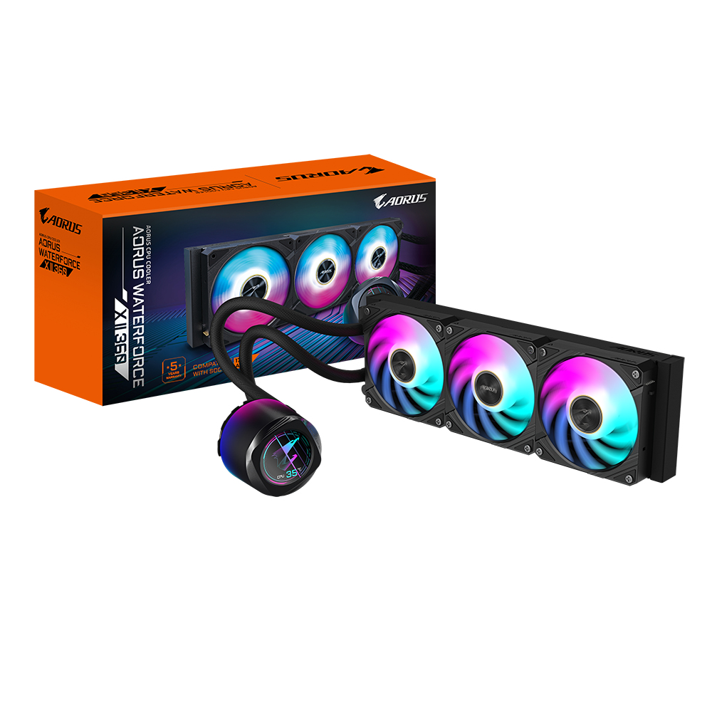 Gigabyte AORUS WATERFORCE X II 360 AIO Flüssigkeits-CPU-Kühler - 3x120mm ARGB-Lüfter, Vollfarb-LCD, DAISY-CHAIN, kompatibel mit Intel LGA 1851 und AMD AM5, All-in-One-Flüssigkeitskühler, 12 cm, Schwarz