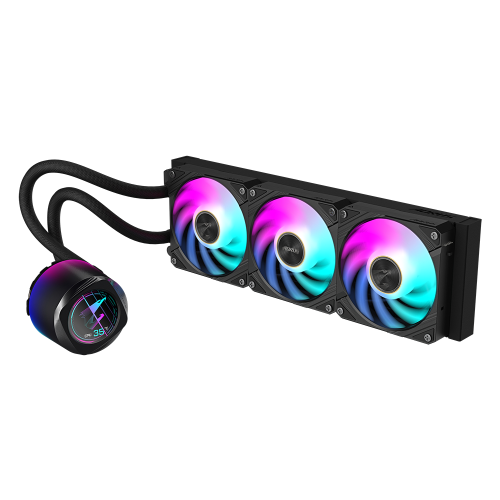 Zweites Bild vonGigabyte AORUS WATERFORCE X II 360 AIO Flüssigkeits-CPU-Kühler - 3x120mm ARGB-Lüfter, Vollfarb-LCD, DAISY-CHAIN, kompatibel mit Intel LGA 1851 und AMD AM5, All-in-One-Flüssigkeitskühler, 12 cm, Schwarz