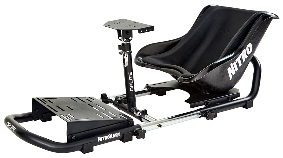 Oplite NitroKart, Rennsport-Cockpit, Schwarz, Stahl, Thrustmaster, Logitech, Fanatec, MOZA, and Hori steering wheels and pedals, the NitroKart, 484 mm, 568 mm